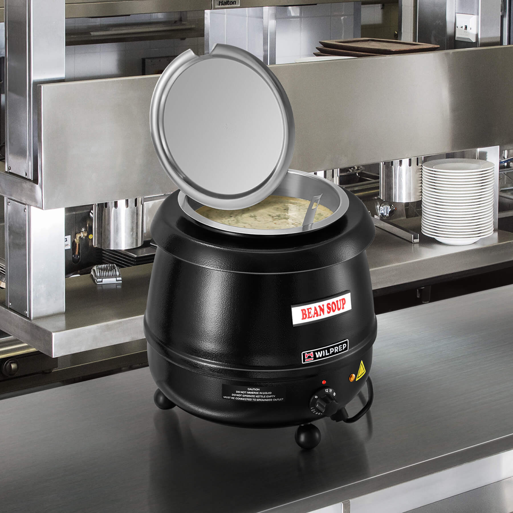 A black commercial soup kettle warmer with a detachable lid and temperature control knob, with a label showing 'BEAN SOUP' on the front.