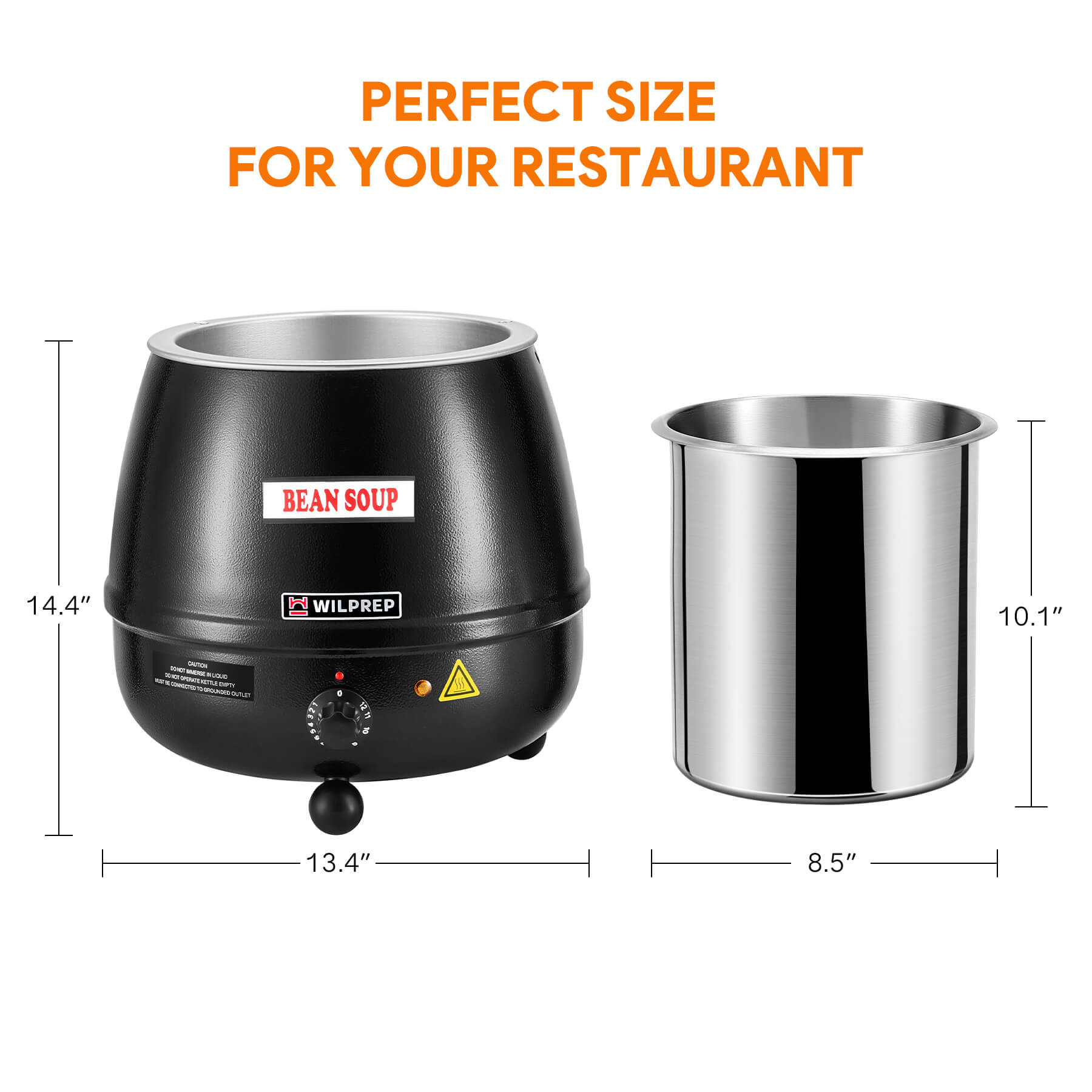 A black commercial soup kettle warmer with a detachable lid and temperature control knob, with a label showing 'BEAN SOUP' on the front.