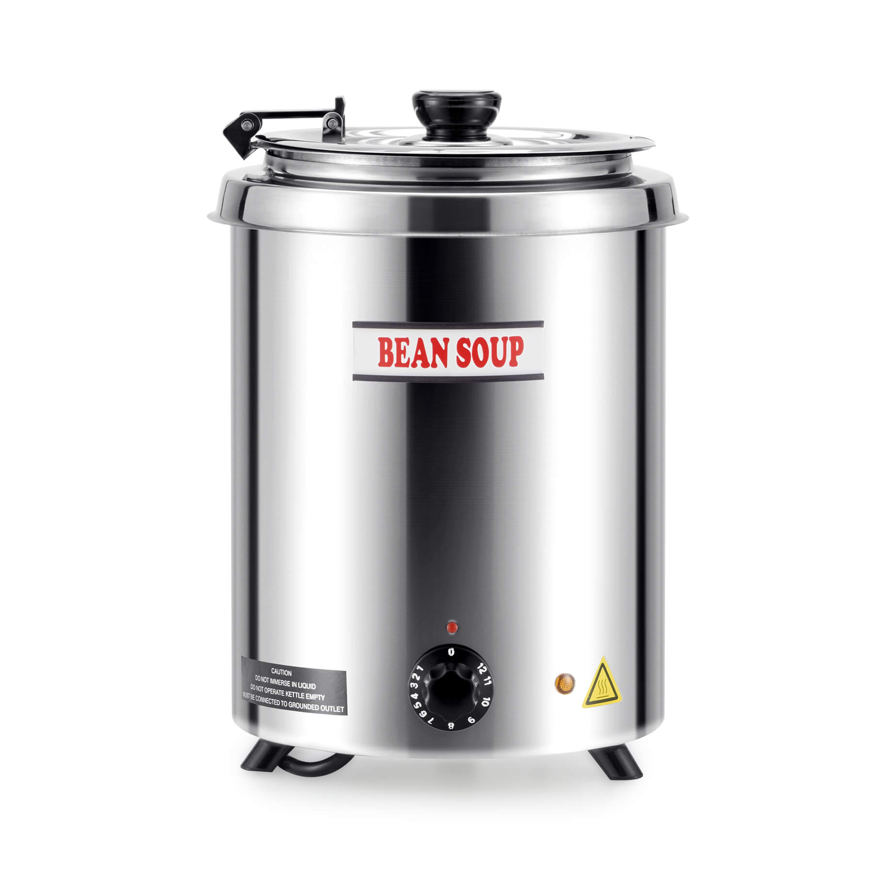 A 6 qt stainless steel soup kettle warmer with a detachable lid, collar, and inner pot. It has a 'BEAN SOUP' label on the front, a temperature control knob, and a handle on the front.
