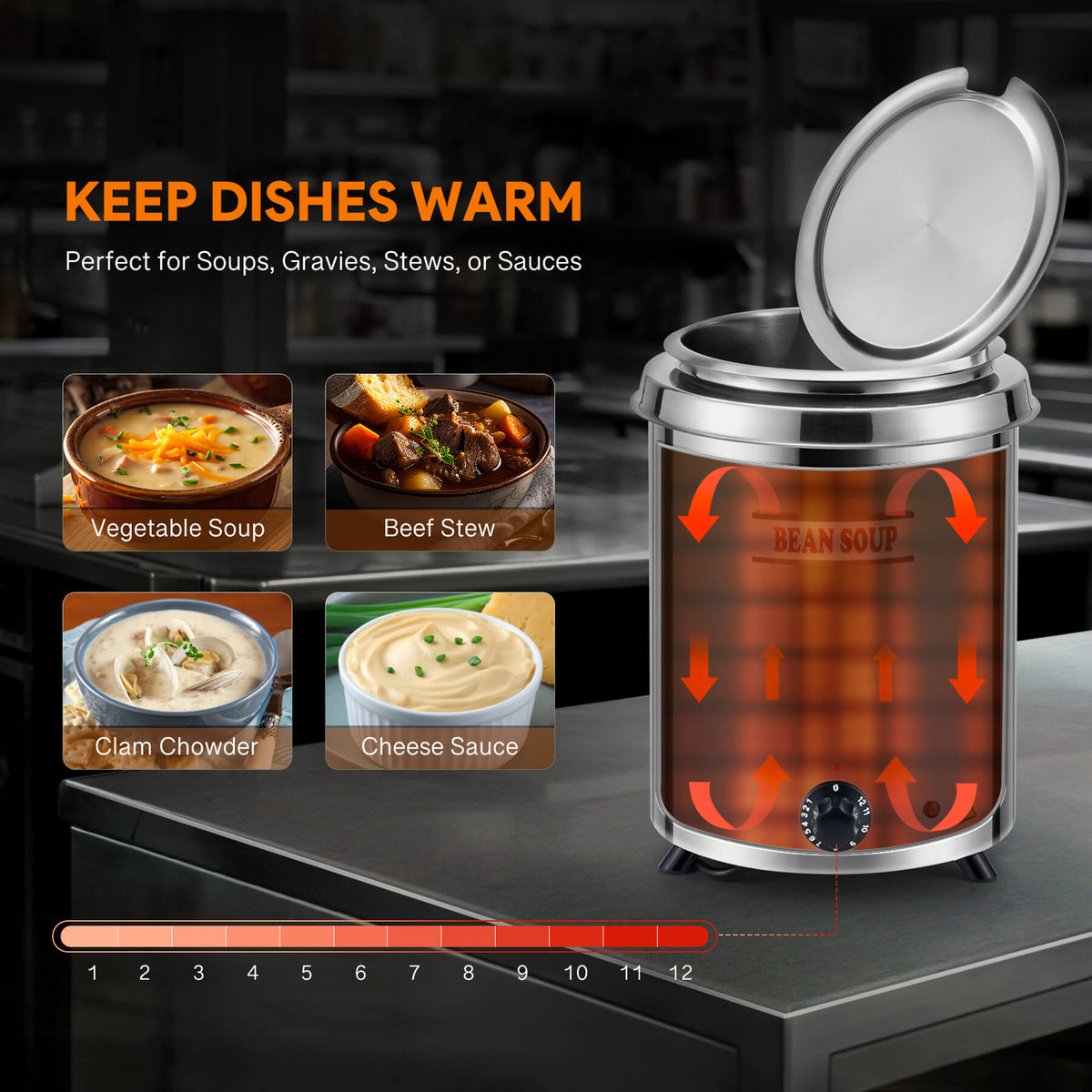 A 6 qt stainless steel soup kettle warmer with a detachable lid, collar, and inner pot. It has a 'BEAN SOUP' label on the front, a temperature control knob, and a handle on the front.