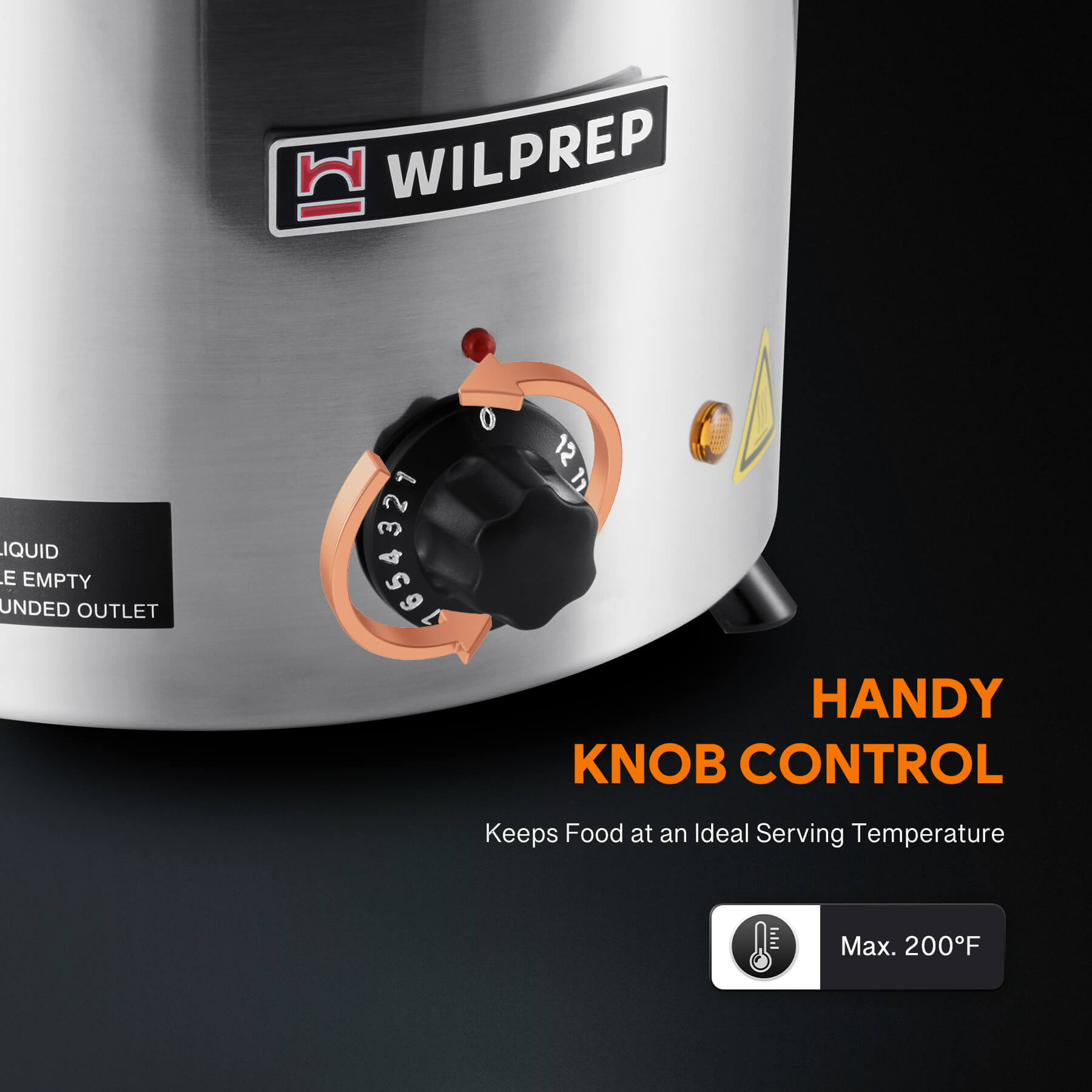 A 6 qt stainless steel soup kettle warmer with a detachable lid, collar, and inner pot. It has a 'BEAN SOUP' label on the front, a temperature control knob, and a handle on the front.