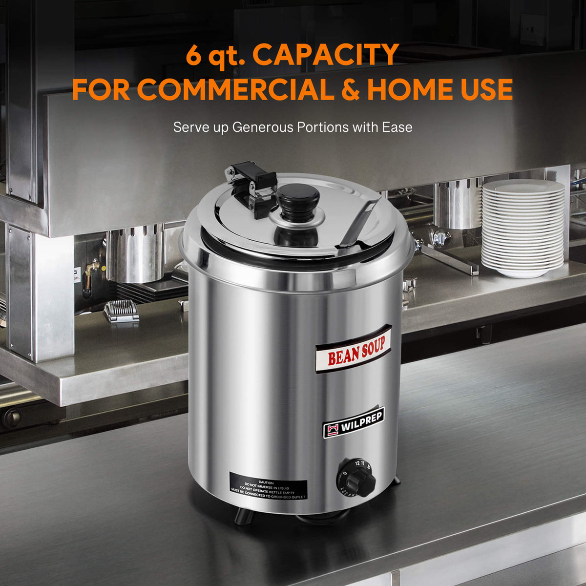 A 6 qt stainless steel soup kettle warmer with a detachable lid, collar, and inner pot. It has a 'BEAN SOUP' label on the front, a temperature control knob, and a handle on the front.