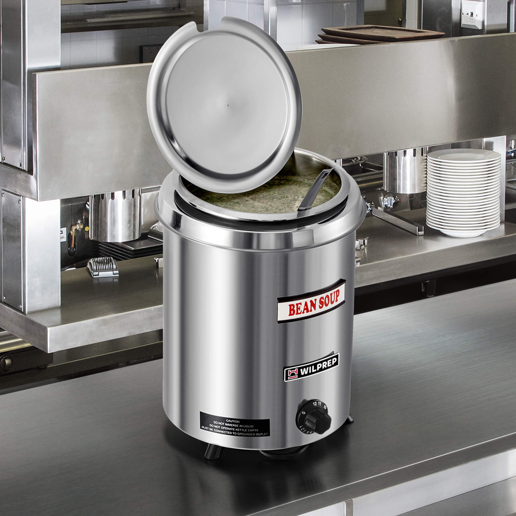 A 6 qt stainless steel soup kettle warmer with a detachable lid, collar, and inner pot. It has a 'BEAN SOUP' label on the front, a temperature control knob, and a handle on the front.