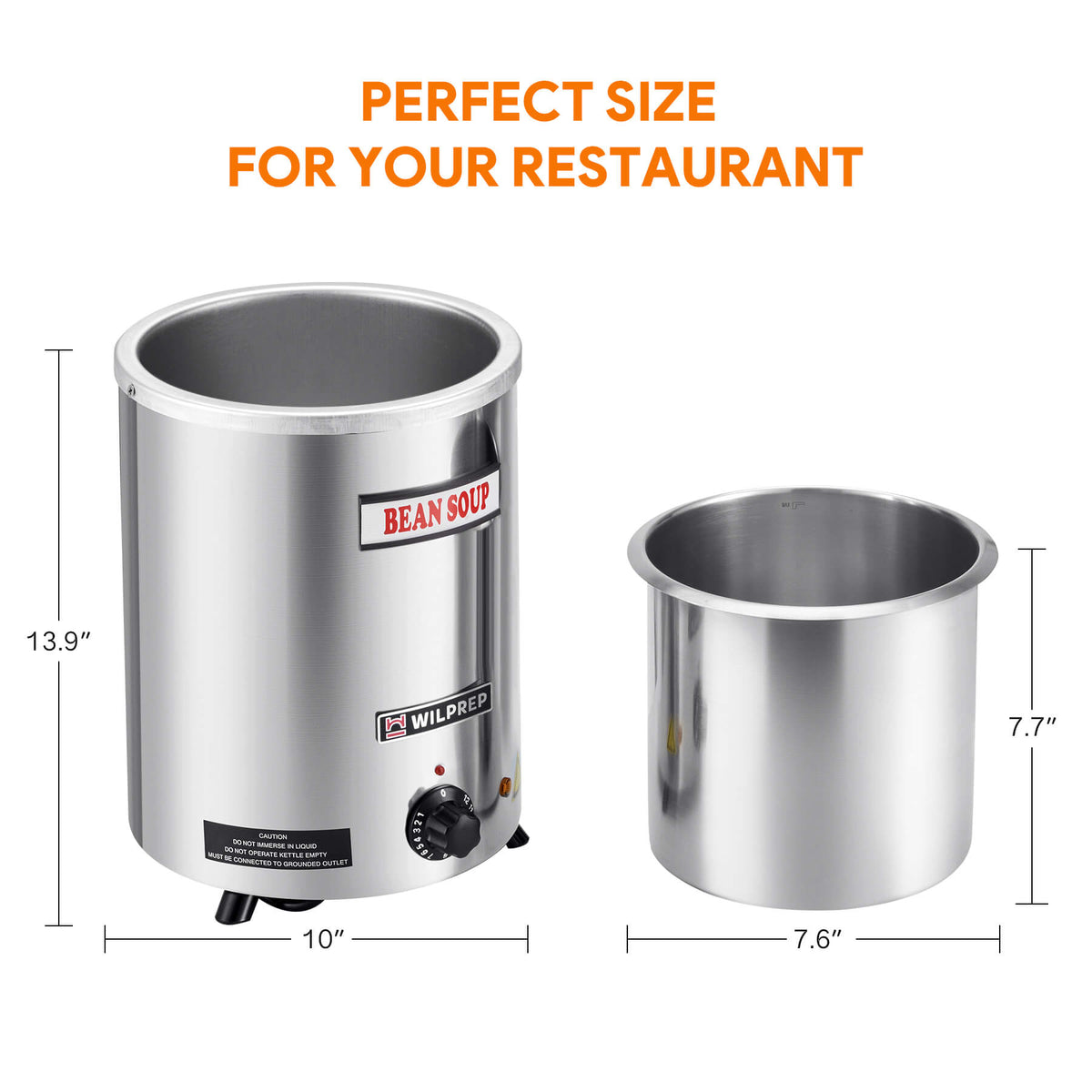 A 6 qt stainless steel soup kettle warmer with a detachable lid, collar, and inner pot. It has a 'BEAN SOUP' label on the front, a temperature control knob, and a handle on the front.