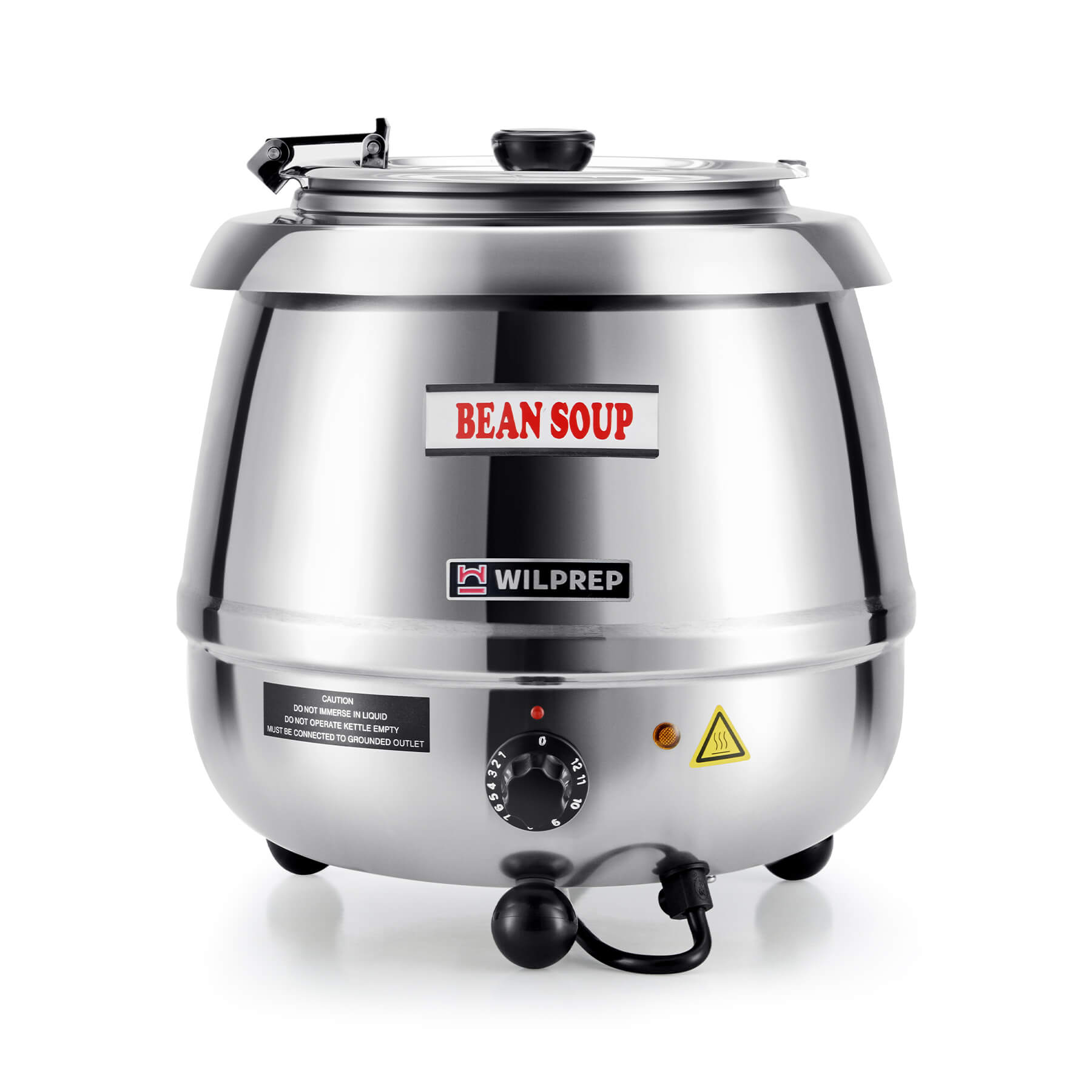 A Wilprep brand stainless steel soup kettle warmer with a 10 qt capacity, 400W heating power, and temperature control knob.