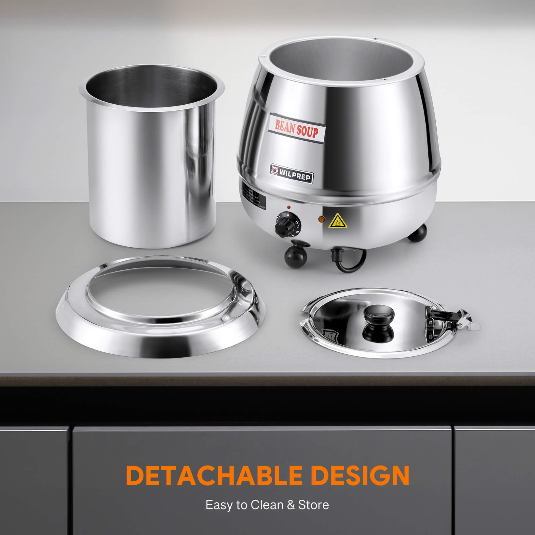 A Wilprep brand stainless steel soup kettle warmer with a 10 qt capacity, 400W heating power, and temperature control knob.
