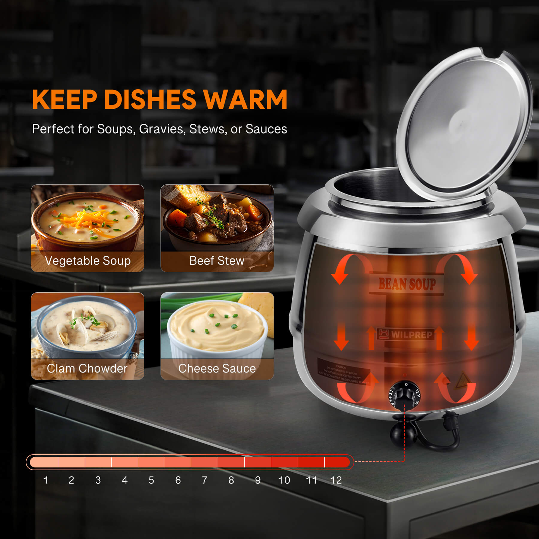A Wilprep brand stainless steel soup kettle warmer with a 10 qt capacity, 400W heating power, and temperature control knob.