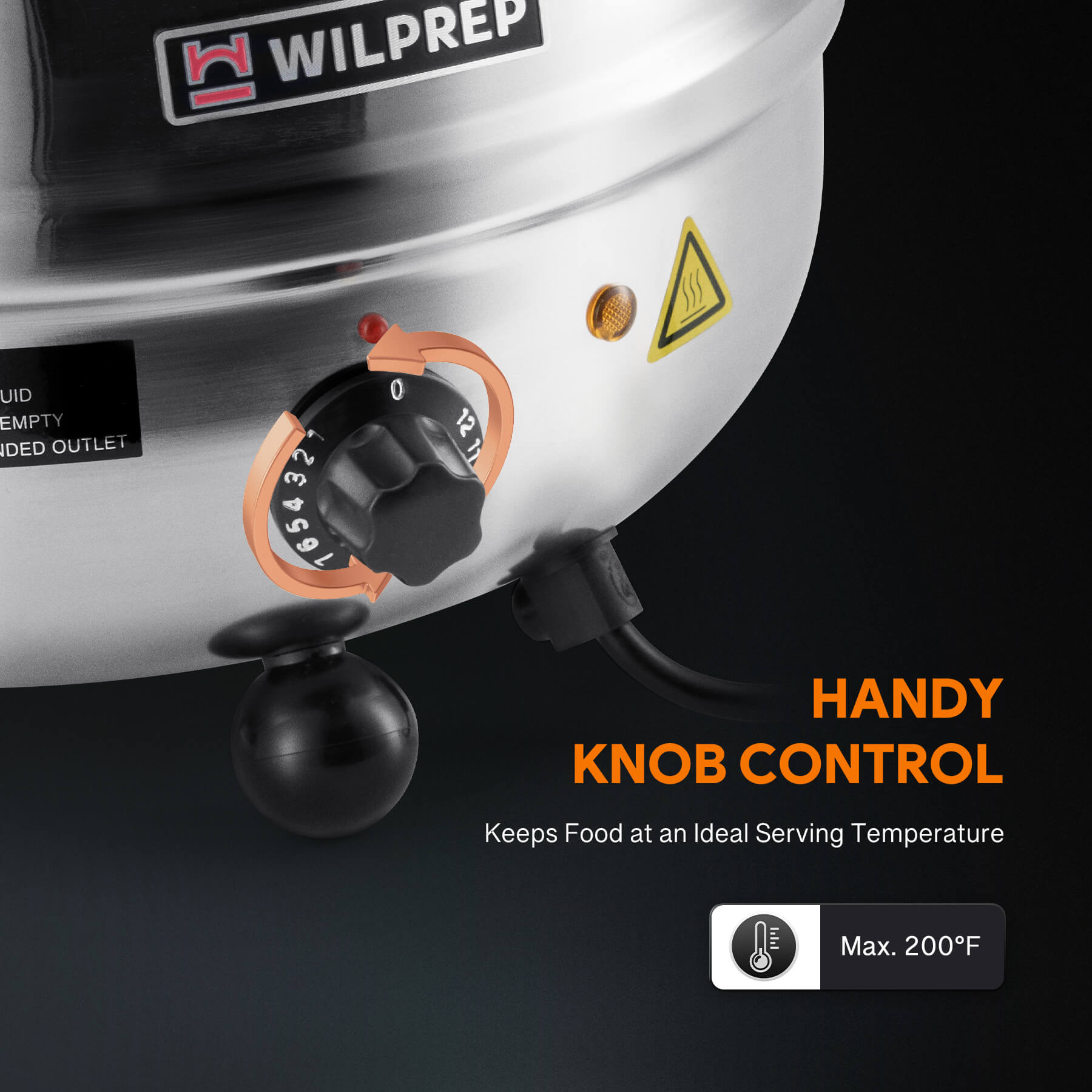 A Wilprep brand stainless steel soup kettle warmer with a 10 qt capacity, 400W heating power, and temperature control knob.