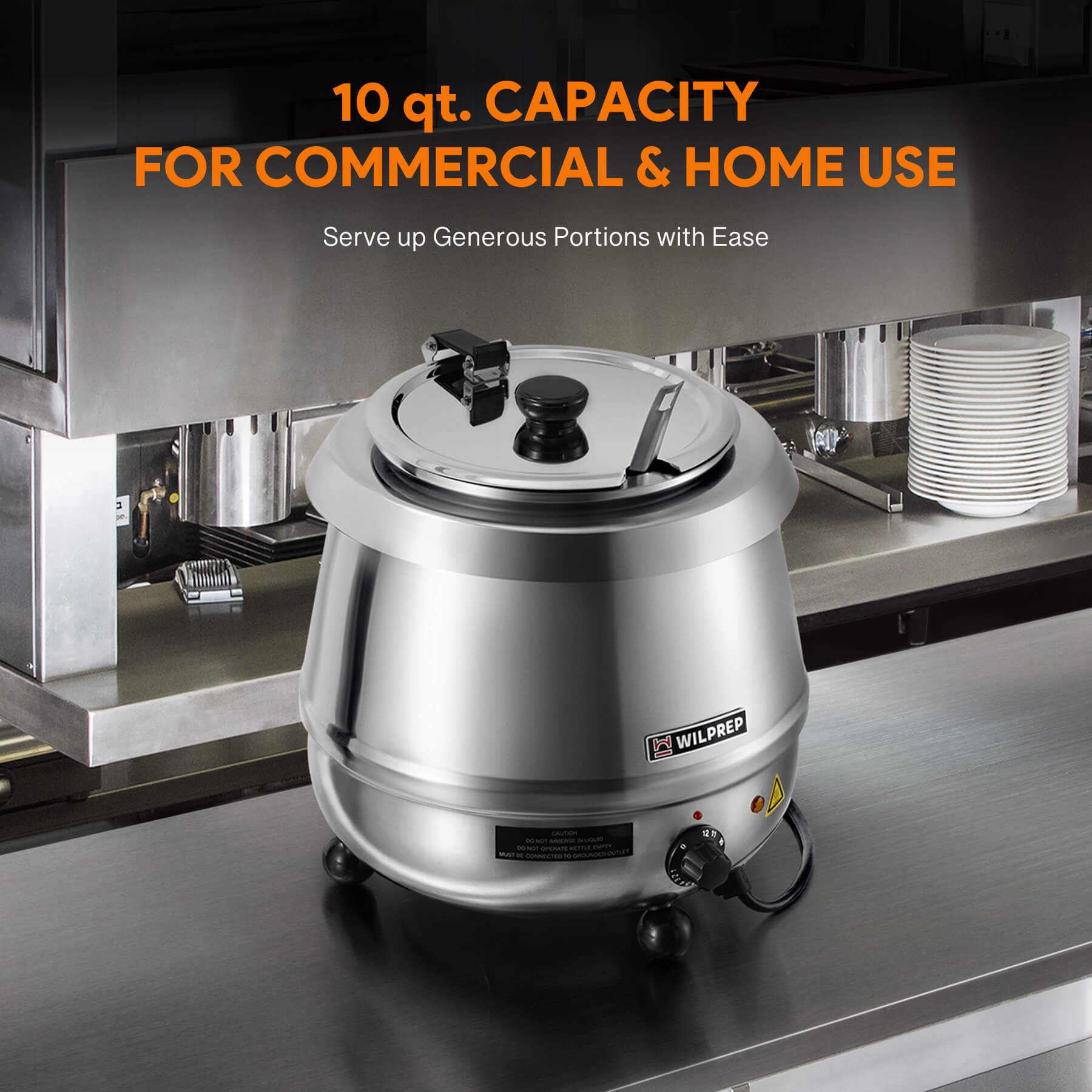 A Wilprep brand stainless steel soup kettle warmer with a 10 qt capacity, 400W heating power, and temperature control knob.