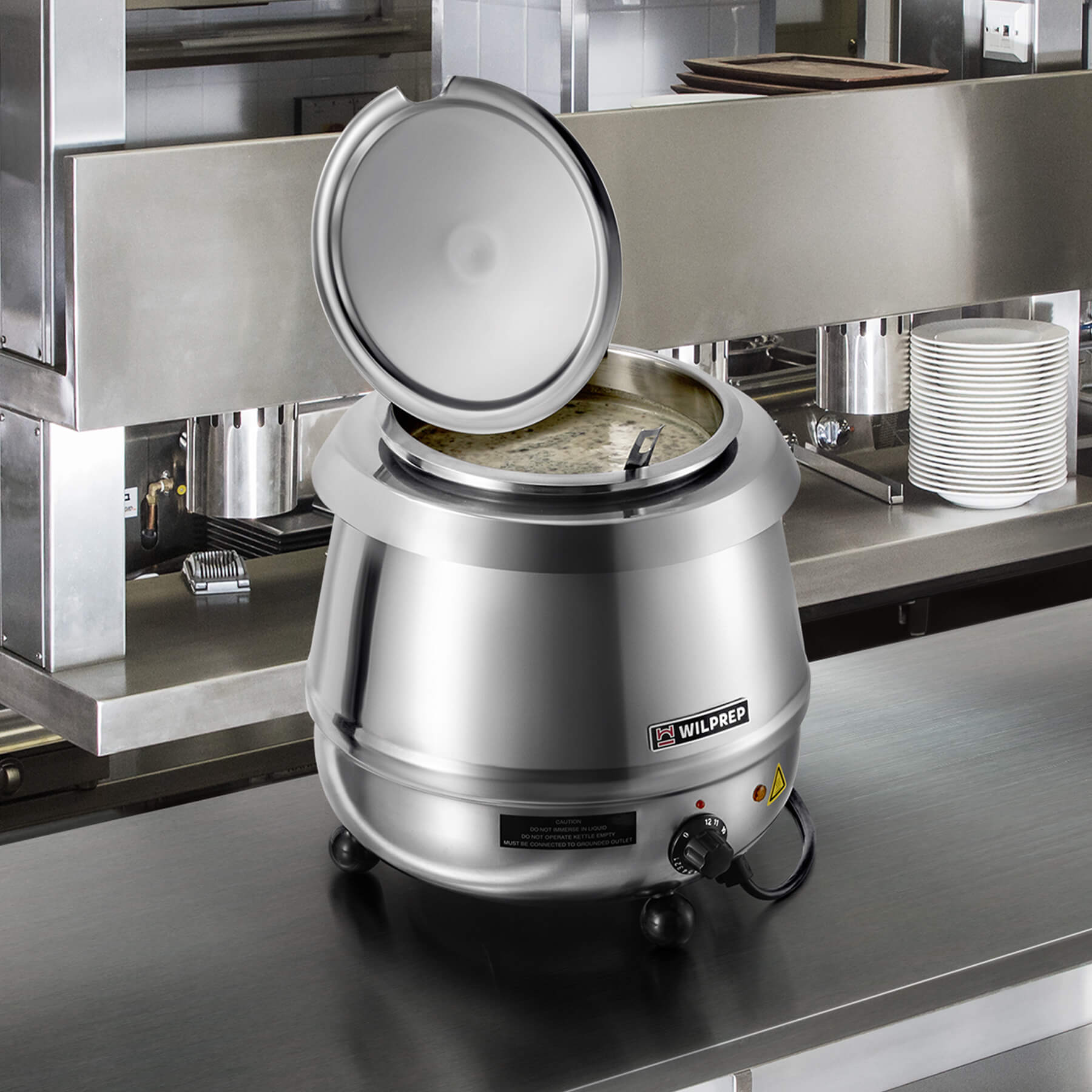 A Wilprep brand stainless steel soup kettle warmer with a 10 qt capacity, 400W heating power, and temperature control knob.