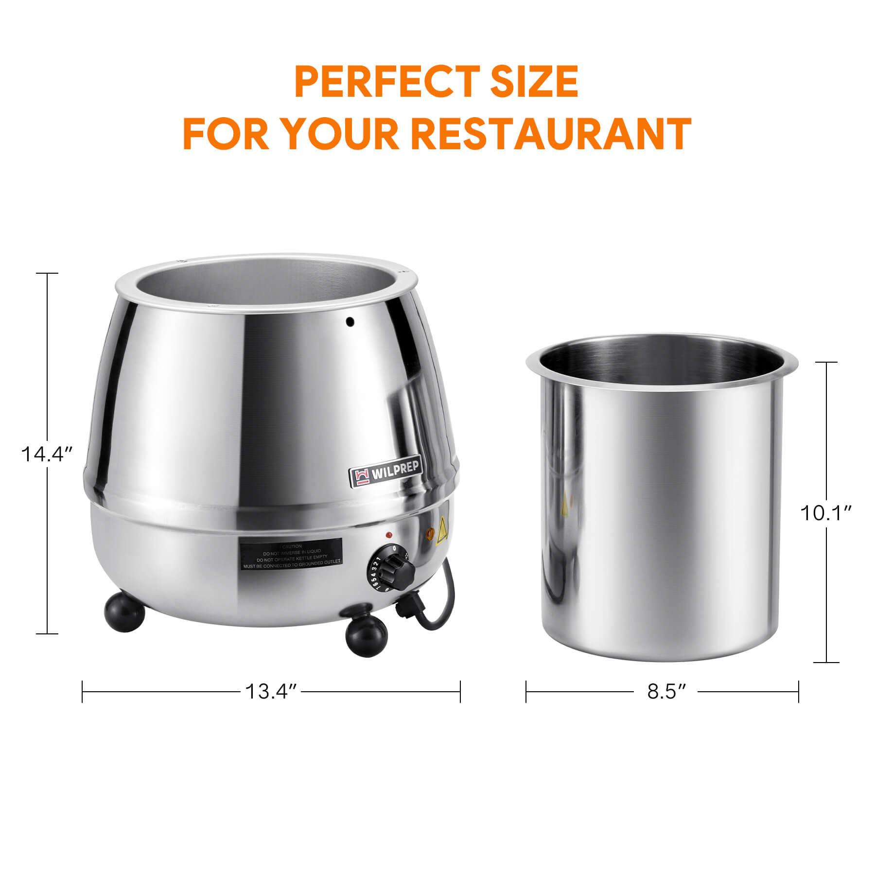 A Wilprep brand stainless steel soup kettle warmer with a 10 qt capacity, 400W heating power, and temperature control knob.