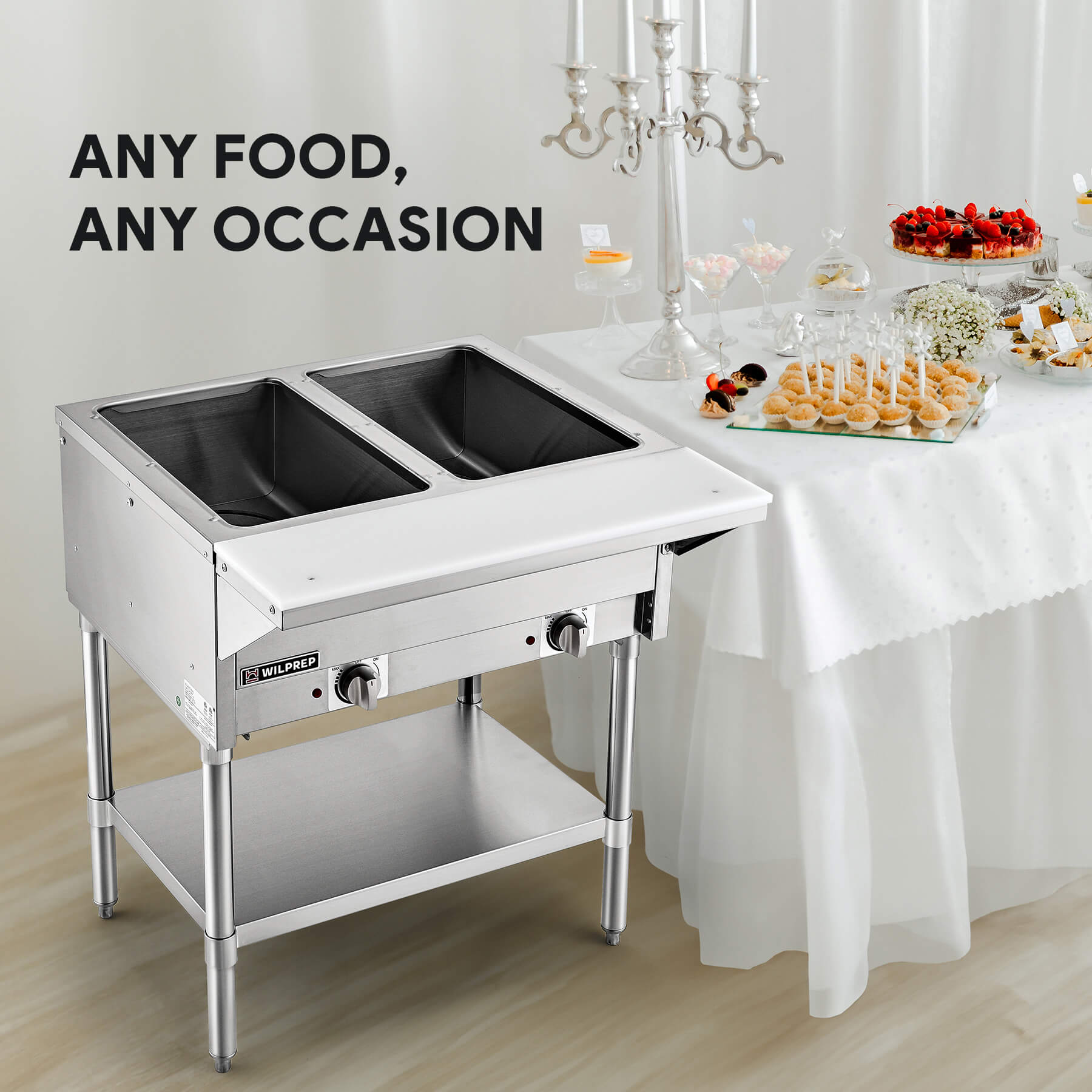 Commercial stainless steel electric steam table with two wells and a storage shelf beneath. The steam table is on a white background.