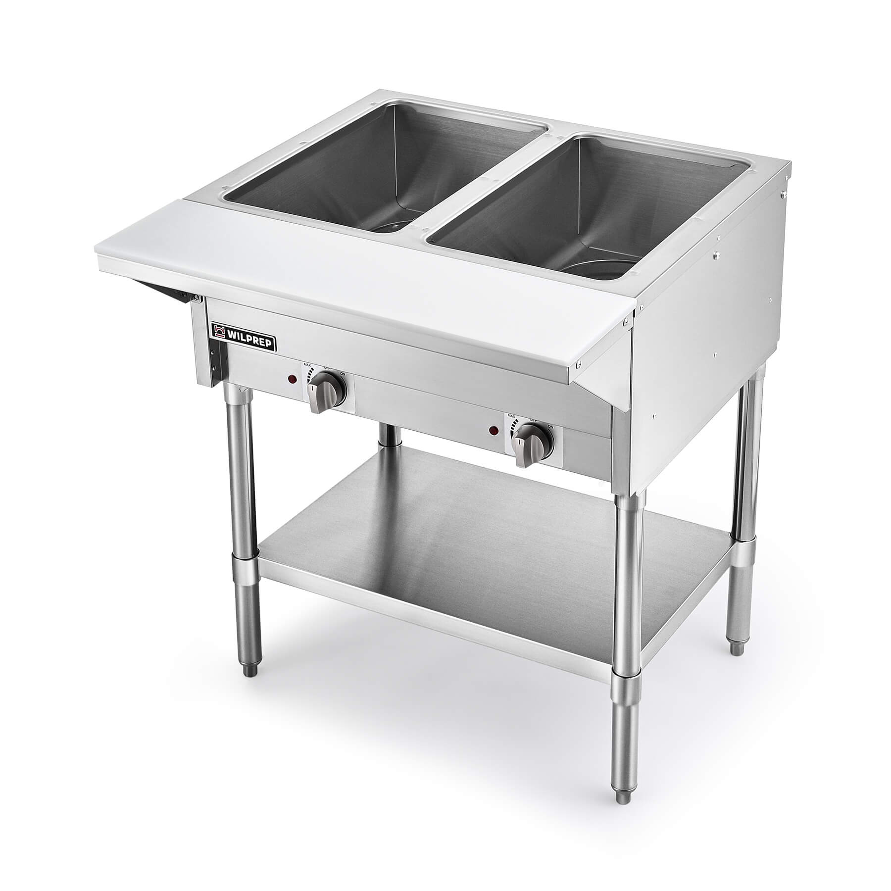 Commercial stainless steel electric steam table with two wells and a storage shelf beneath. The steam table is on a white background.