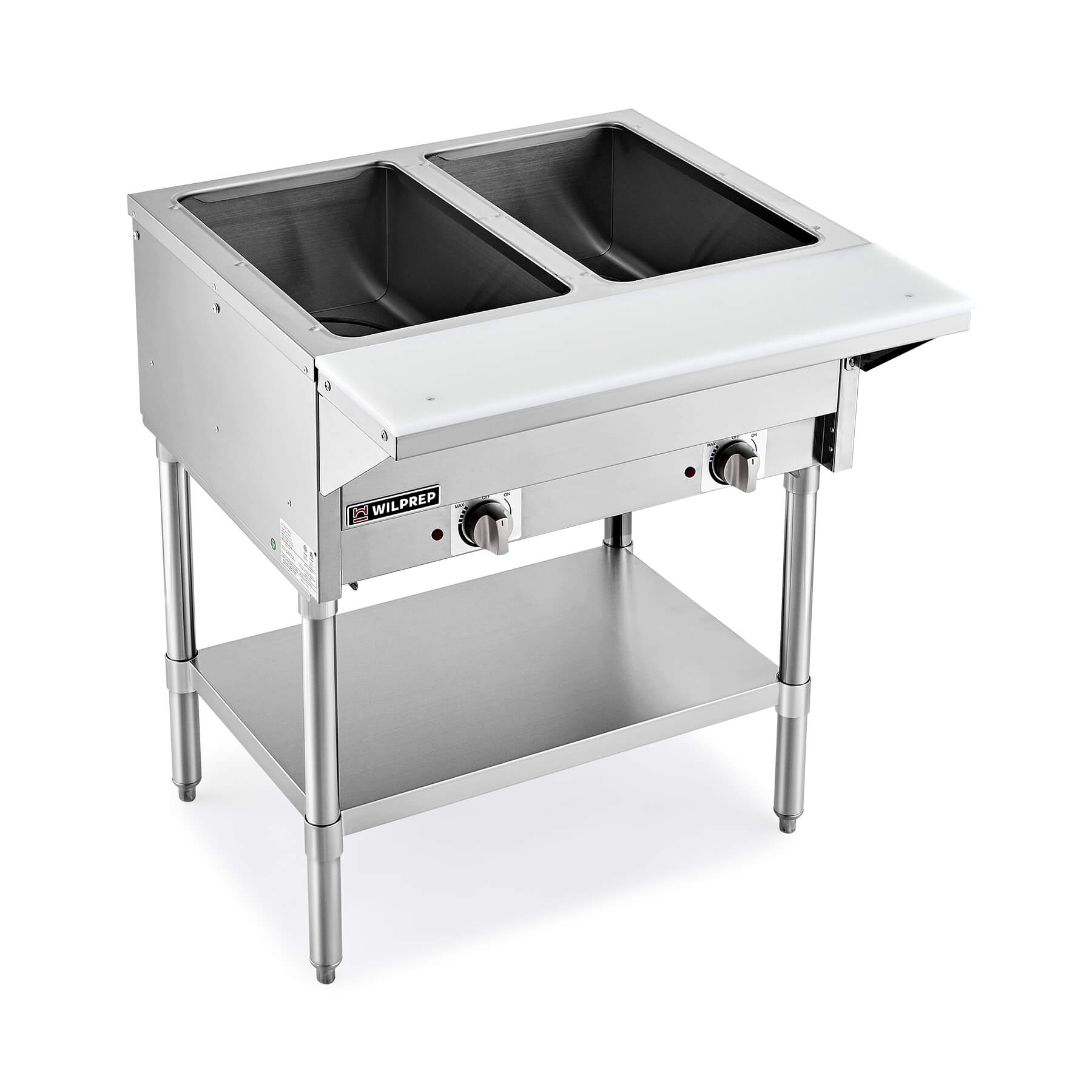 Commercial stainless steel electric steam table with two wells and a storage shelf beneath. The steam table is on a white background.