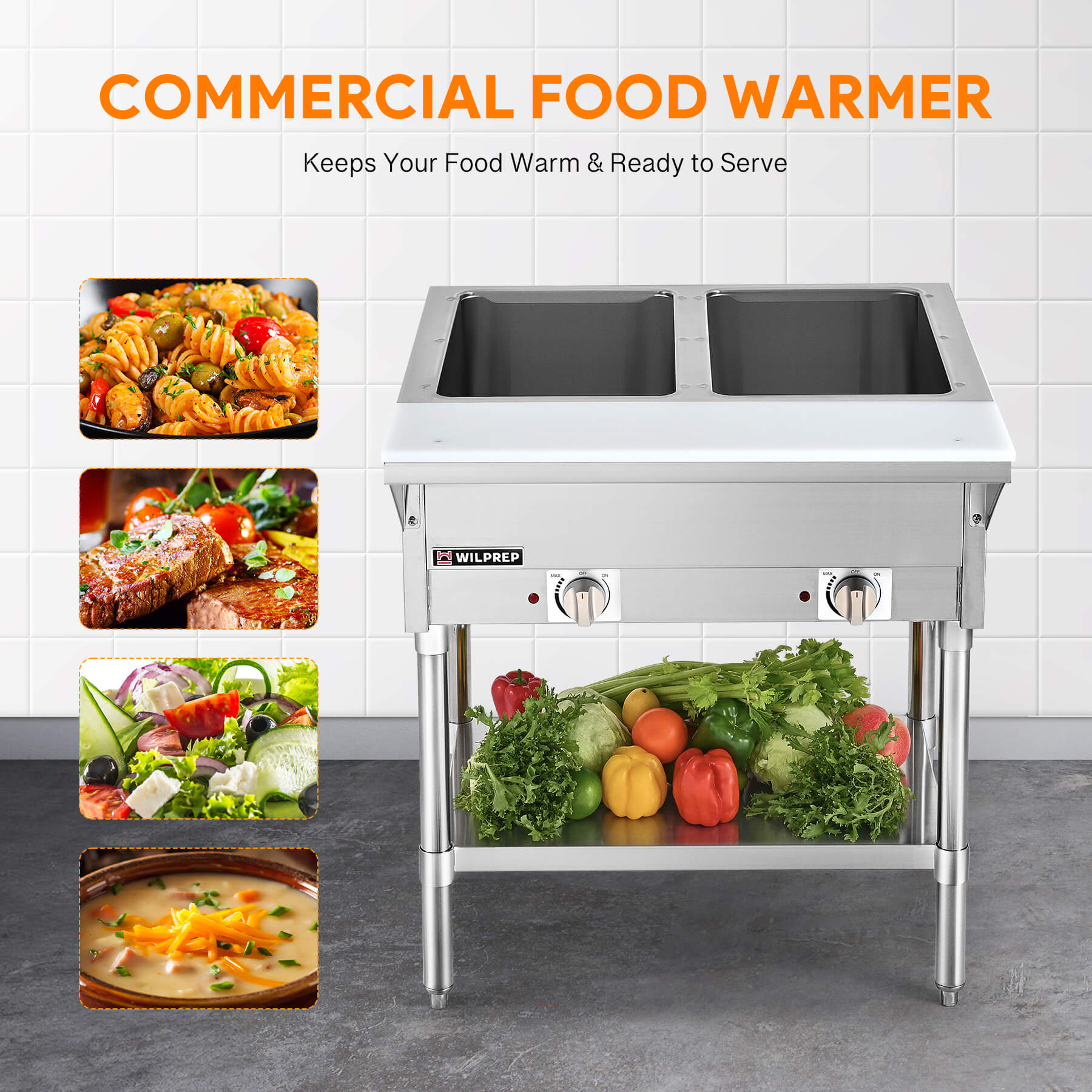 Commercial stainless steel electric steam table with two wells and a storage shelf beneath. The steam table is on a white background.