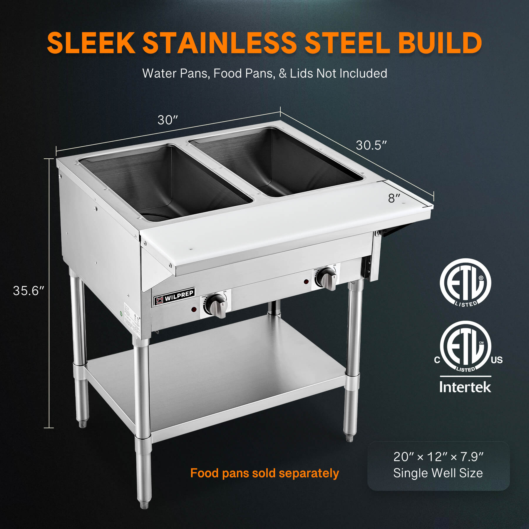 Commercial stainless steel electric steam table with two wells and a storage shelf beneath. The steam table is on a white background.