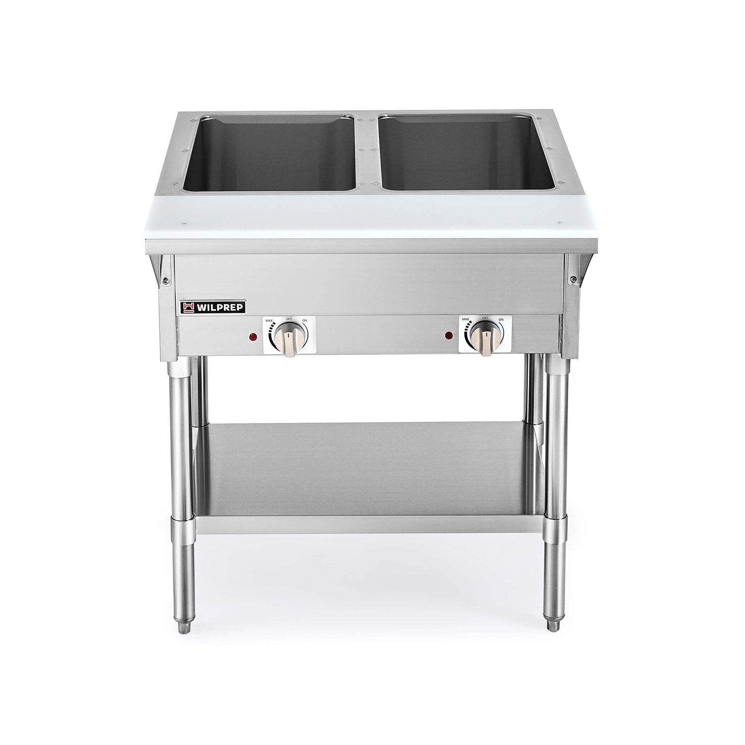 A silver-colored 2-well electric steam table with a storage shelf beneath, featuring temperature controls on the front.
