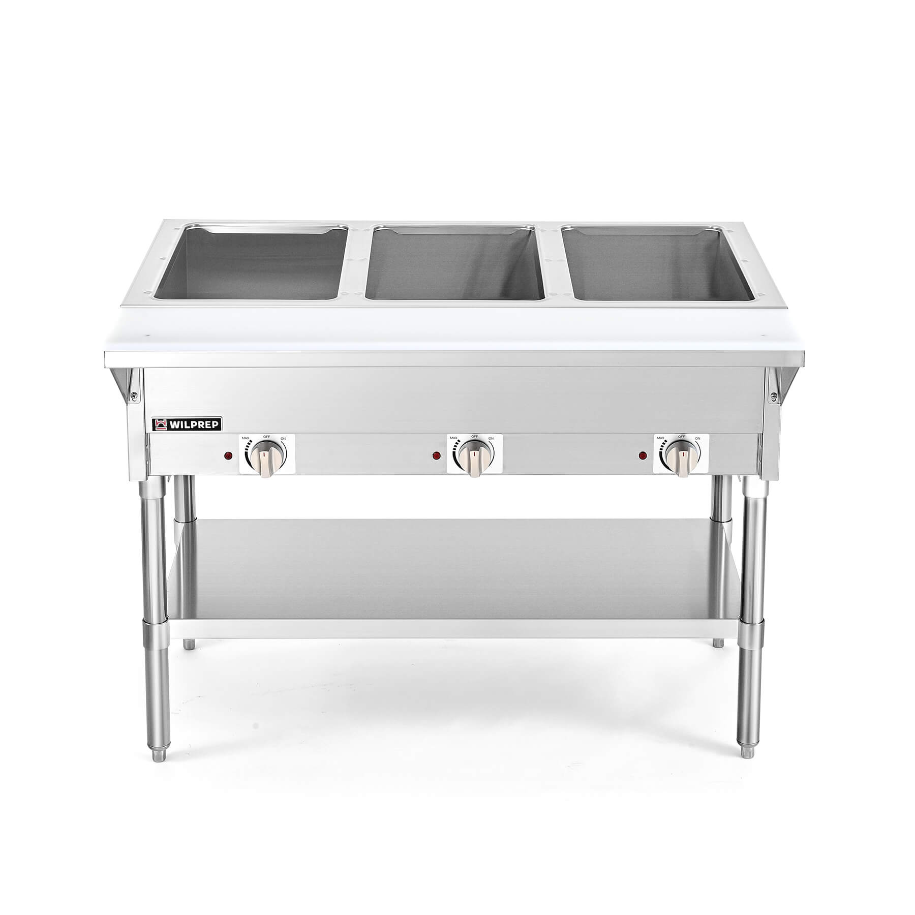 A silver-colored 3 well electric steam table with a storage shelf beneath, featuring control knobs on the front and a clear glass sneeze guard.
