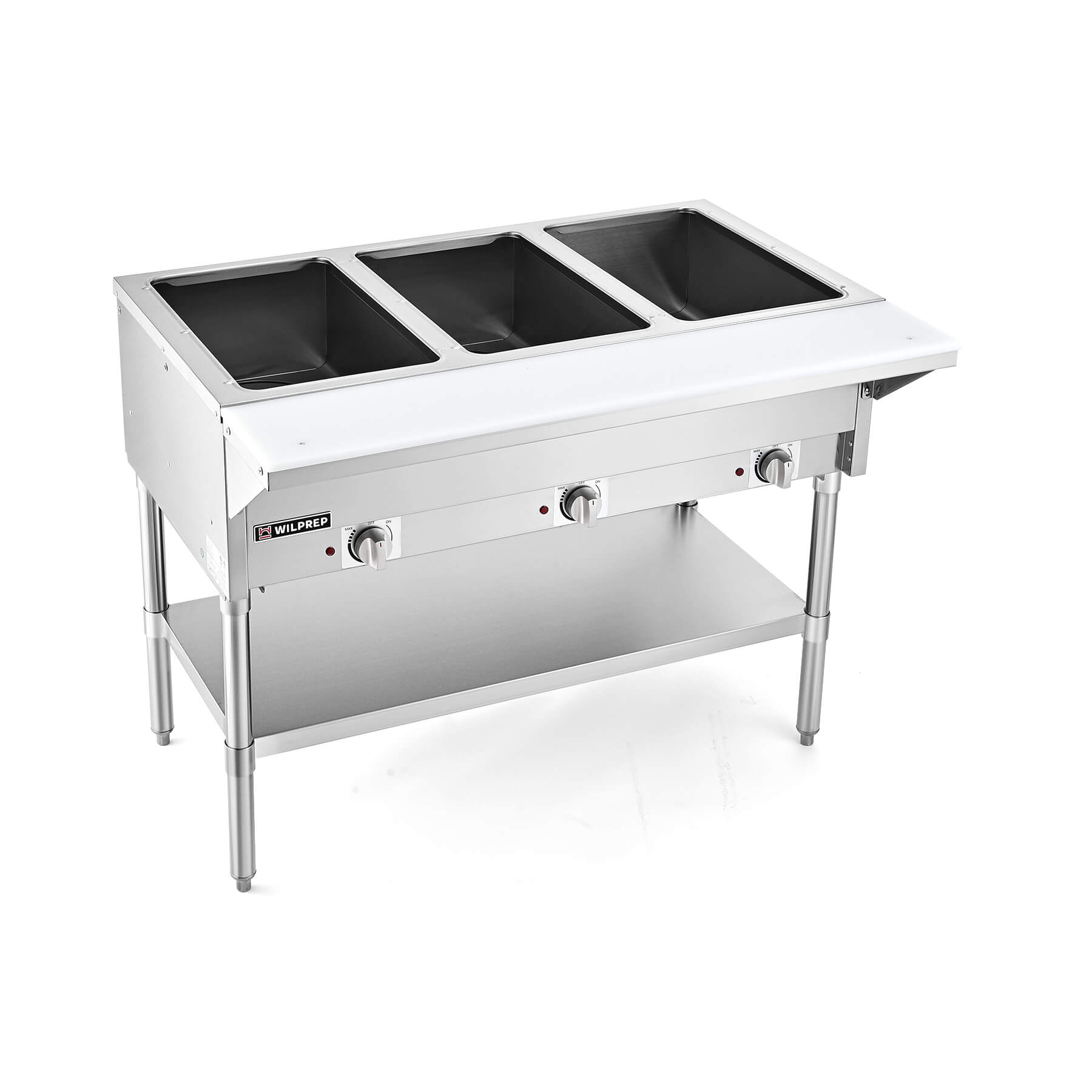 A silver-colored 3 well electric steam table with a storage shelf beneath, featuring control knobs on the front and a clear glass sneeze guard.