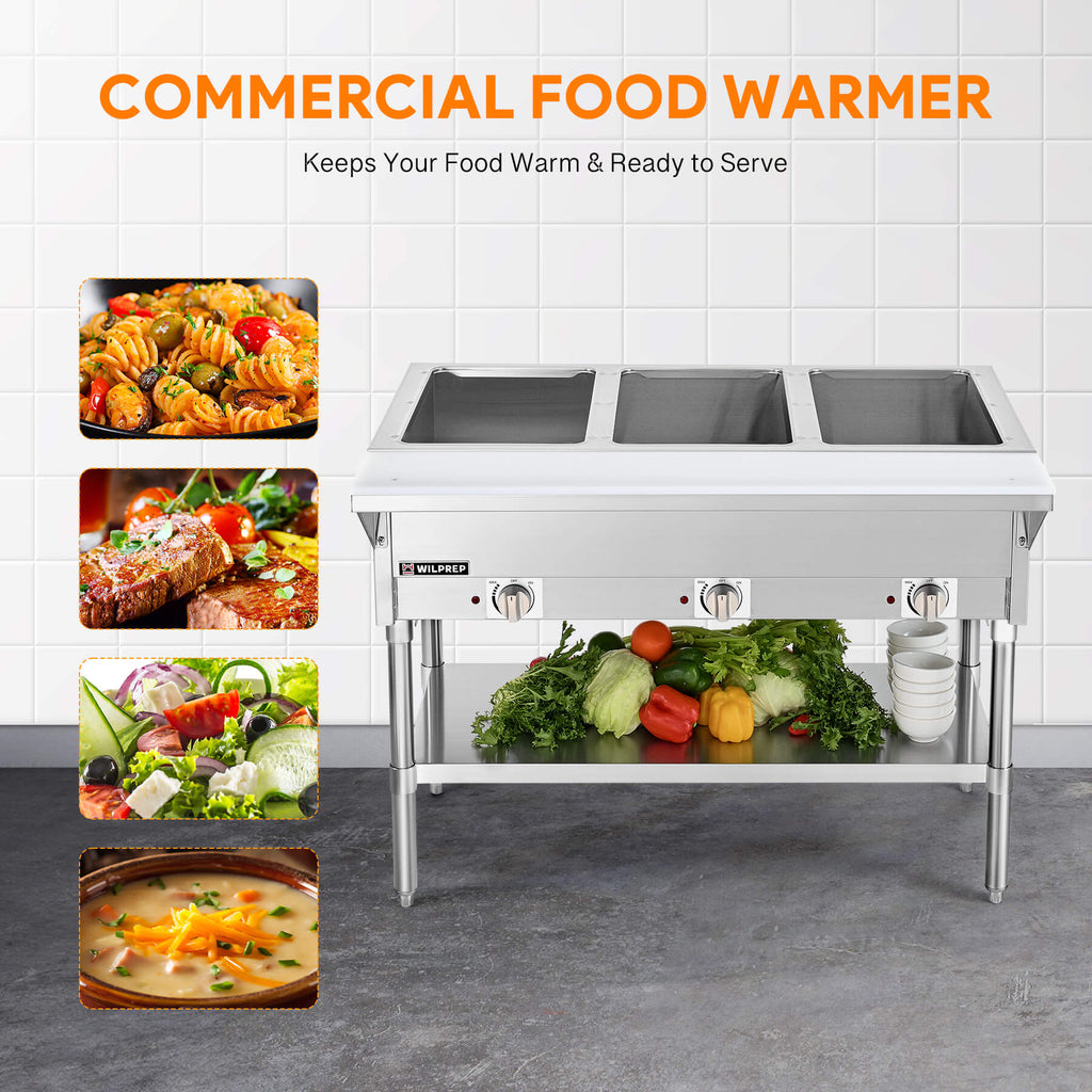 3 Well Electric Steam Table with Storage Shelf 1500W