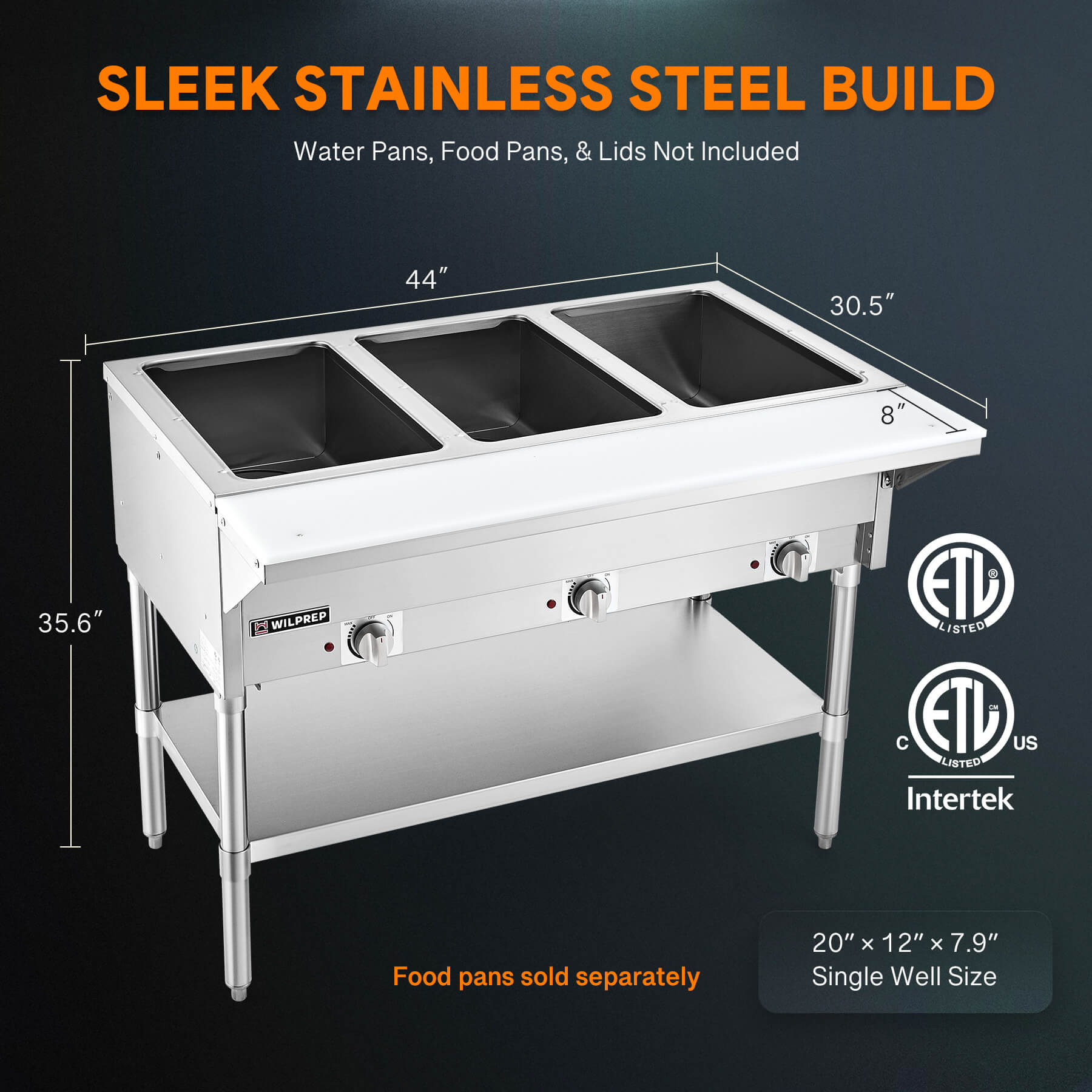 A silver-colored 3 well electric steam table with a storage shelf beneath, featuring control knobs on the front and a clear glass sneeze guard.