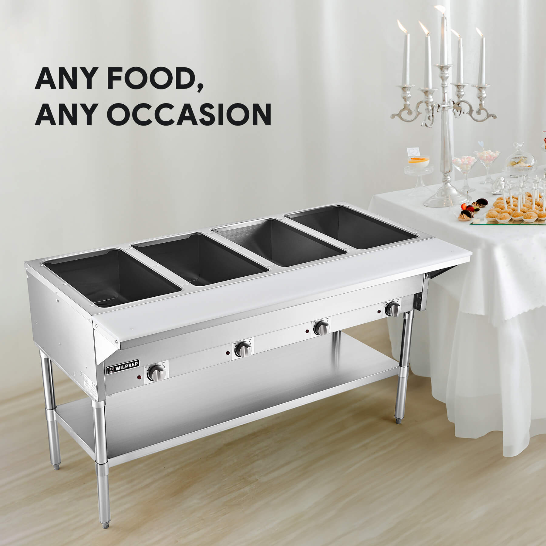 A stainless steel 4 well electric steam table with a storage shelf underneath, featuring temperature controls on the front.