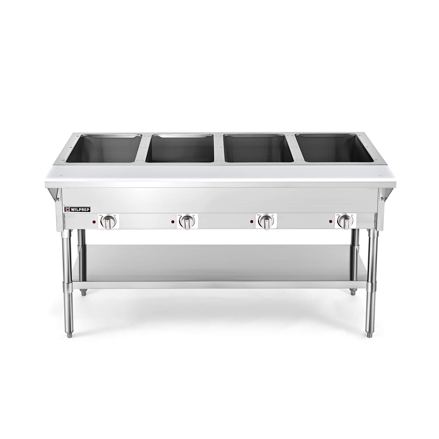 A stainless steel 4 well electric steam table with a storage shelf underneath, featuring temperature controls on the front.