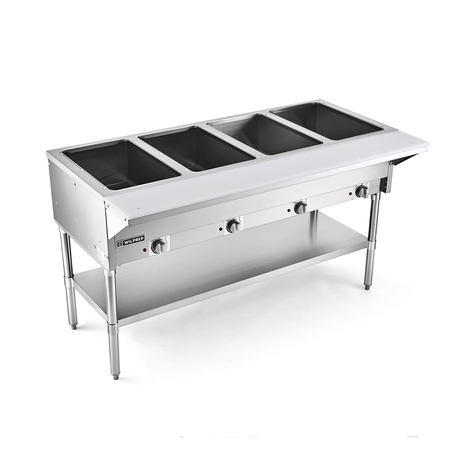 A stainless steel 4 well electric steam table with a storage shelf underneath, featuring temperature controls on the front.