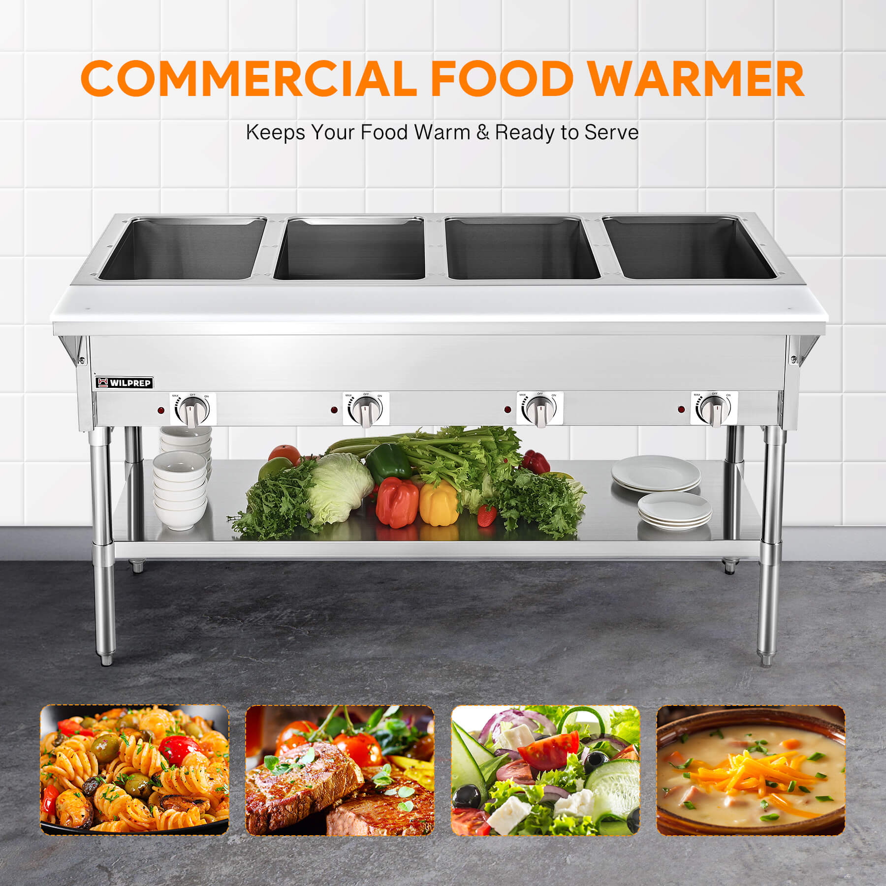 A stainless steel 4 well electric steam table with a storage shelf underneath, featuring temperature controls on the front.