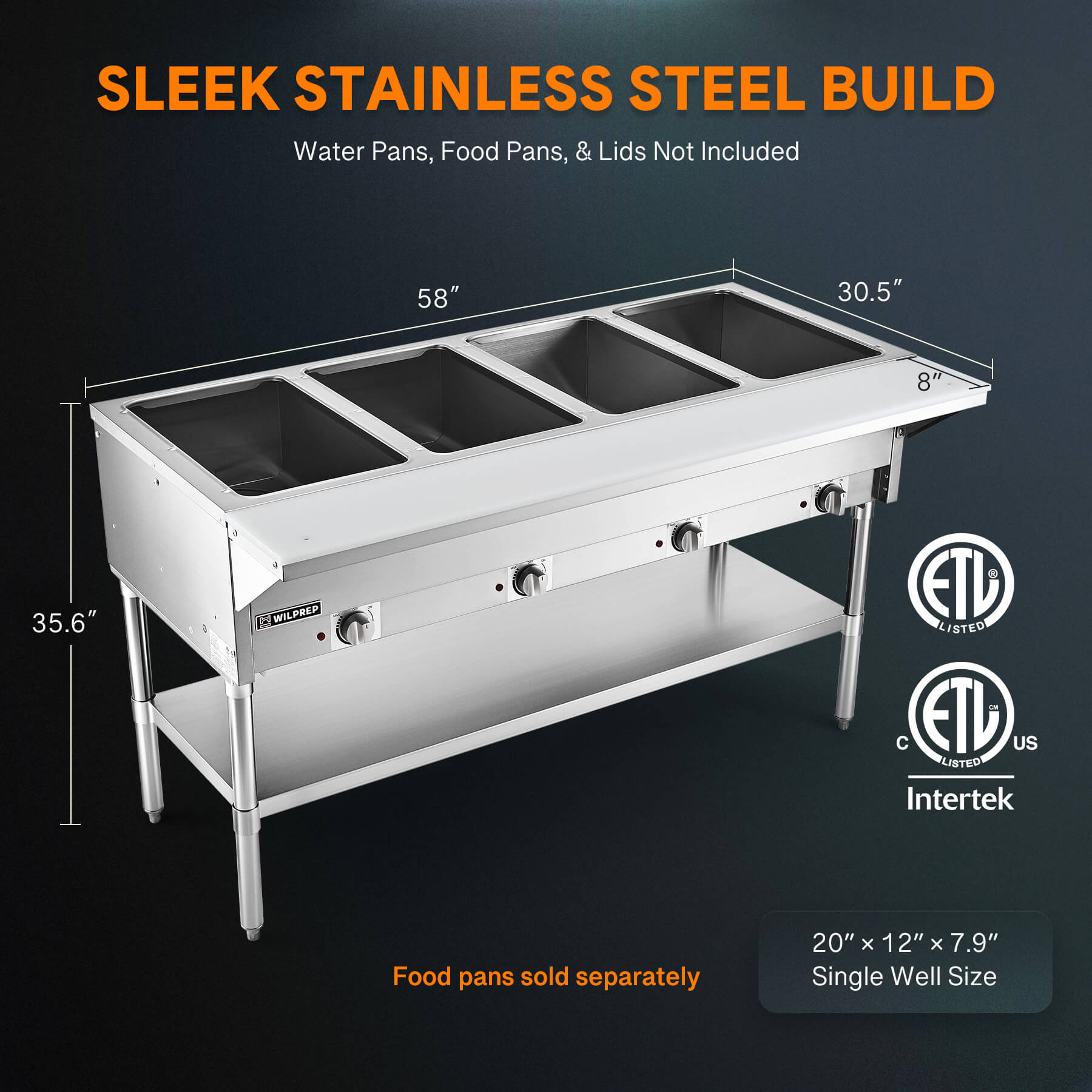 A stainless steel 4 well electric steam table with a storage shelf underneath, featuring temperature controls on the front.