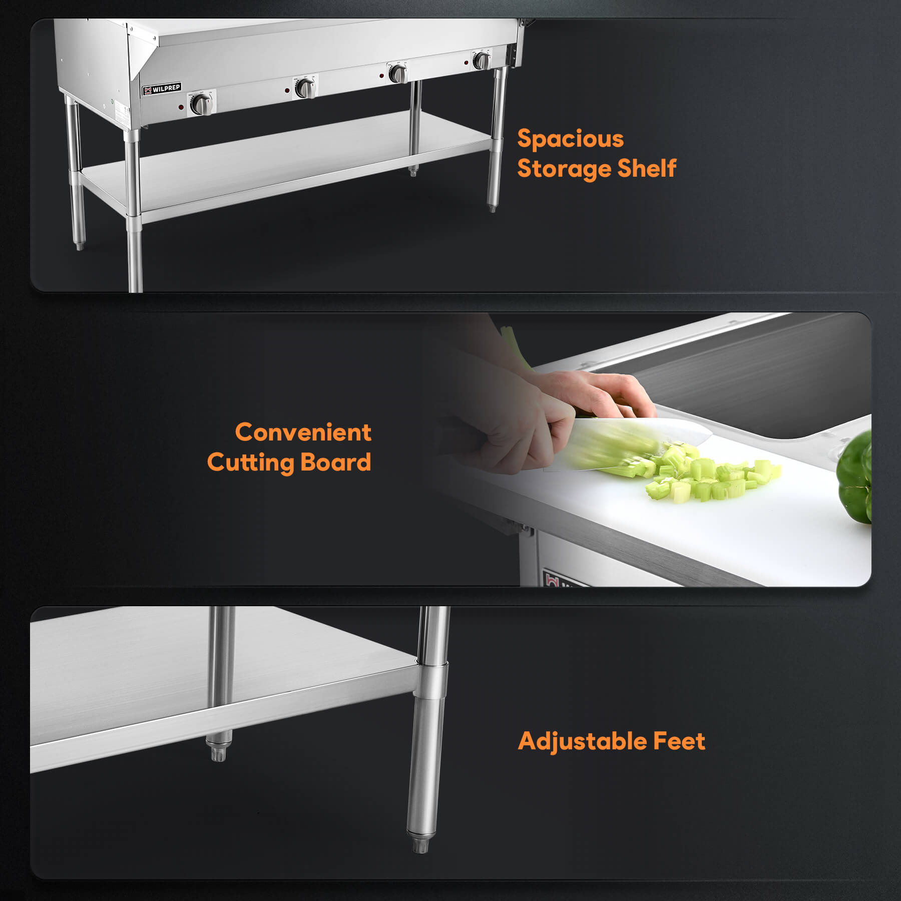 A stainless steel 4 well electric steam table with a storage shelf underneath, featuring temperature controls on the front.