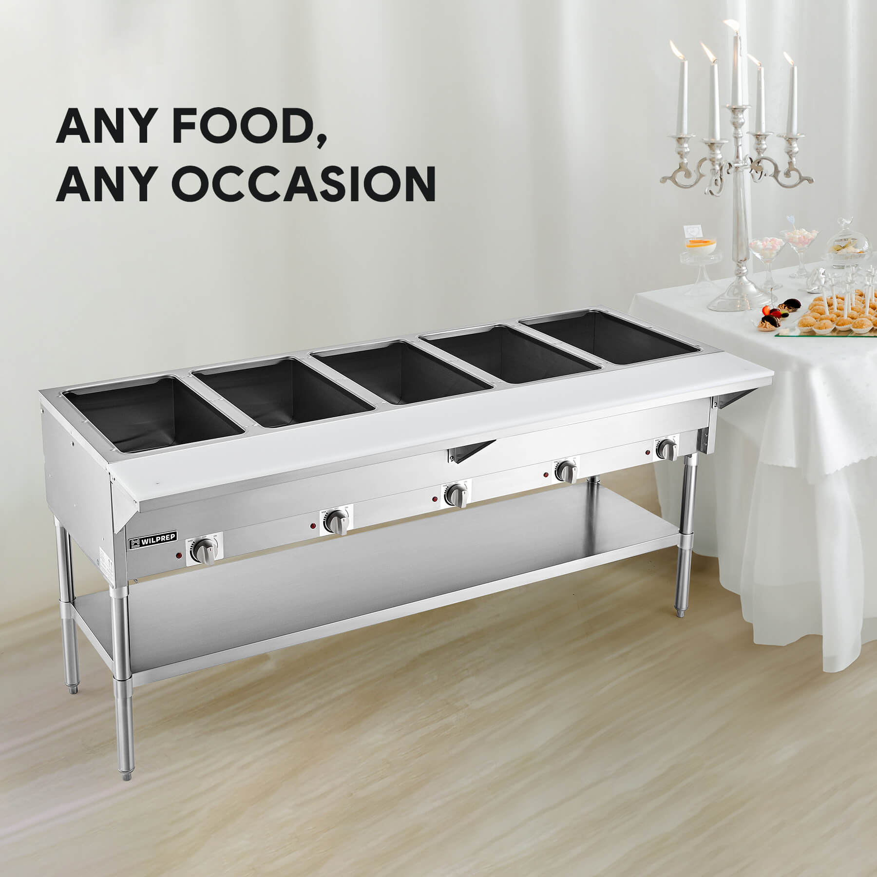 5 Well Electric Steam Table with Storage Shelf 5000W
