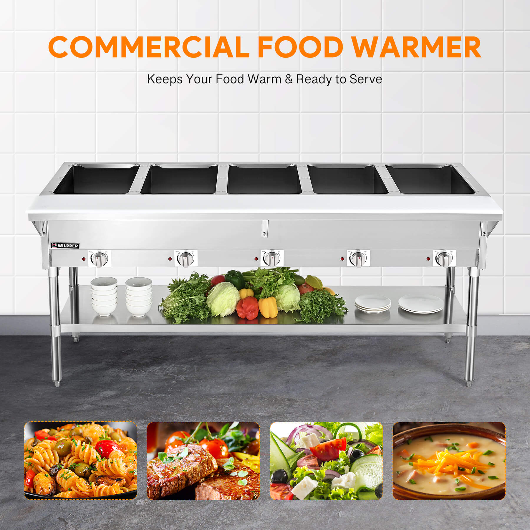 5 Well Electric Steam Table with Storage Shelf 5000W
