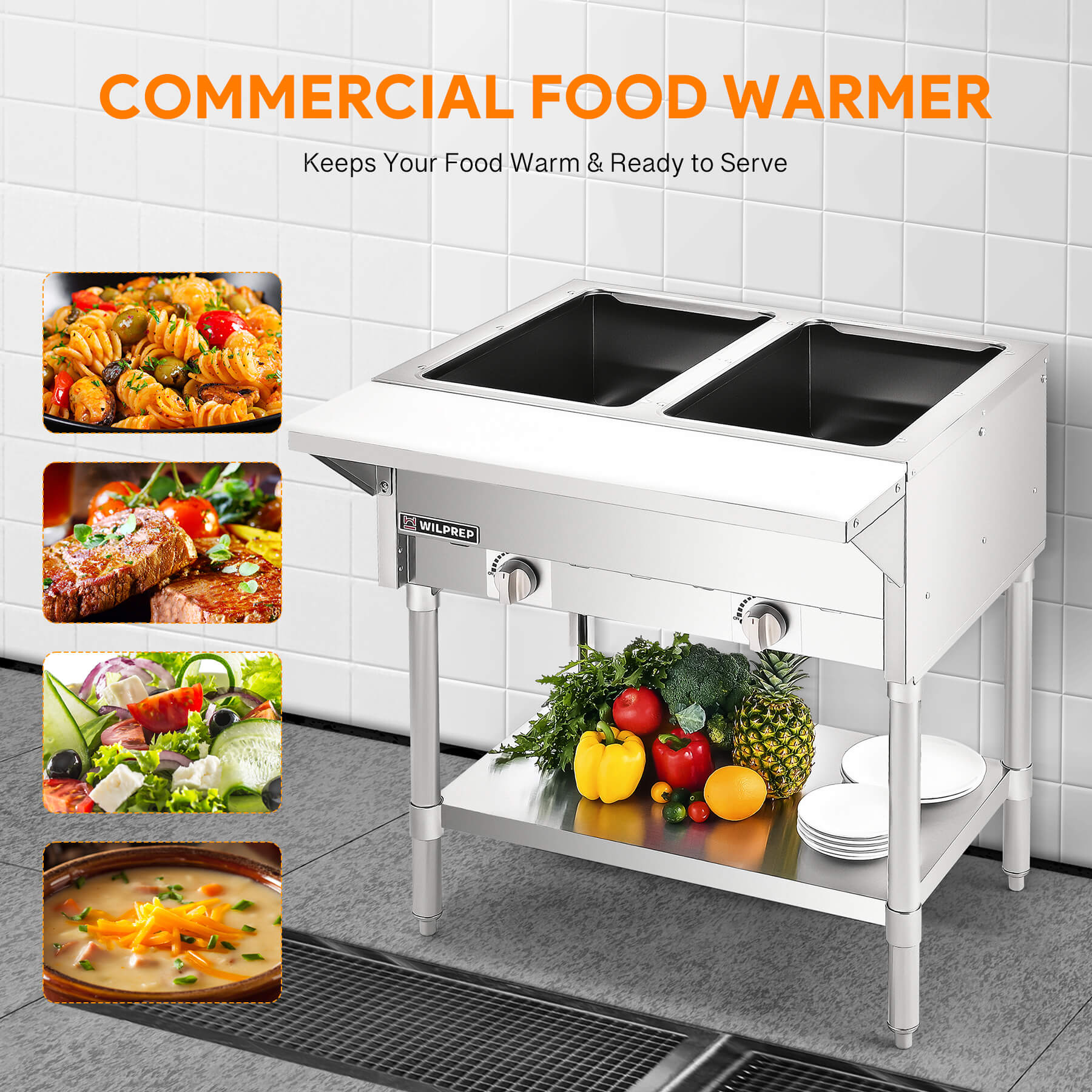 2 Well Gas Steam Table with Storage Shelf 7000BTU
