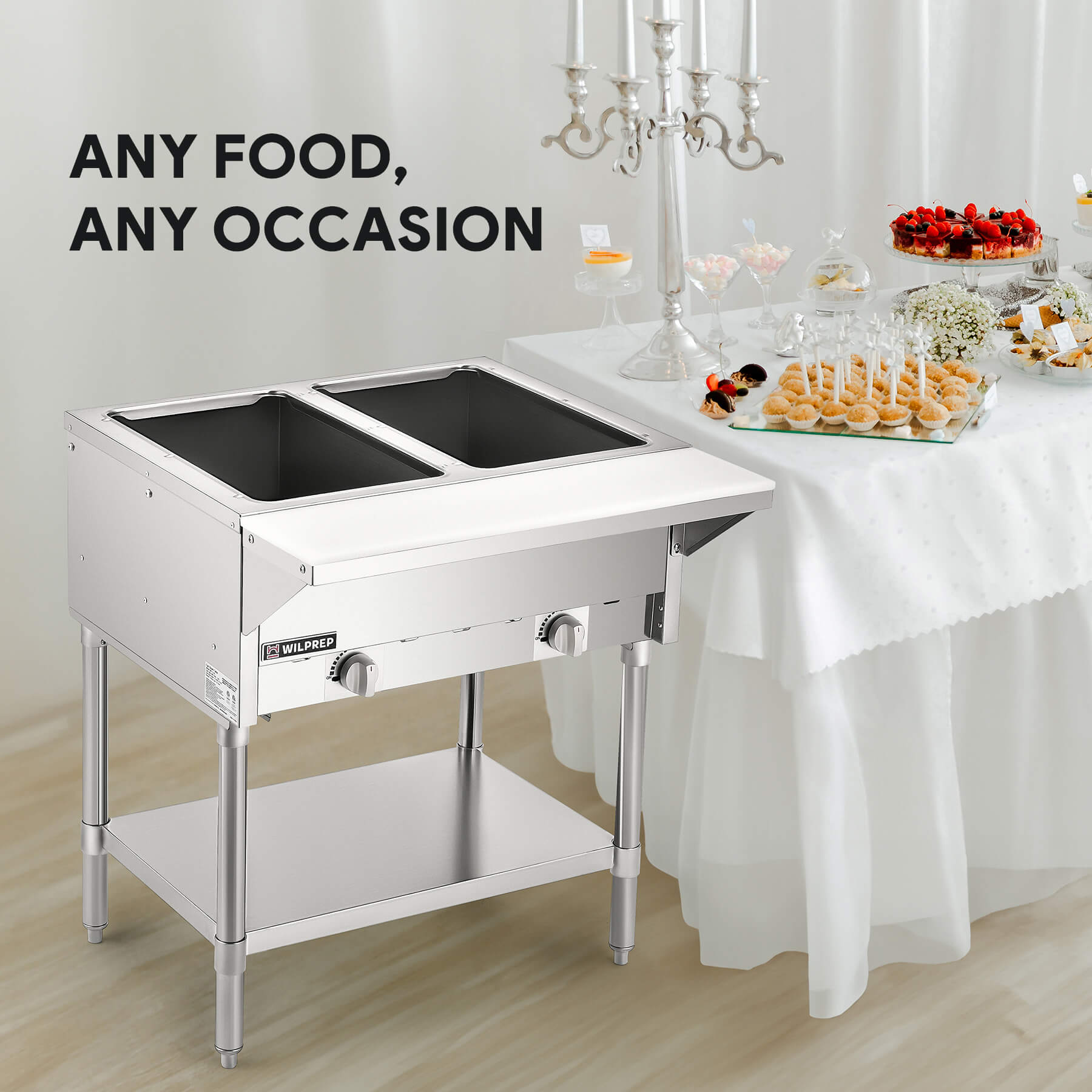 2 Well Gas Steam Table with Storage Shelf 7000BTU

