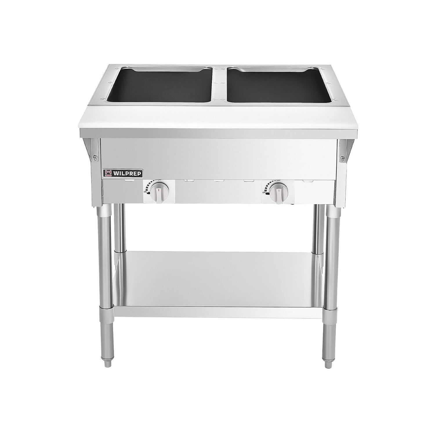 A silver-colored, two-well gas steam table with a storage shelf beneath, on sturdy legs, designed for warming food.