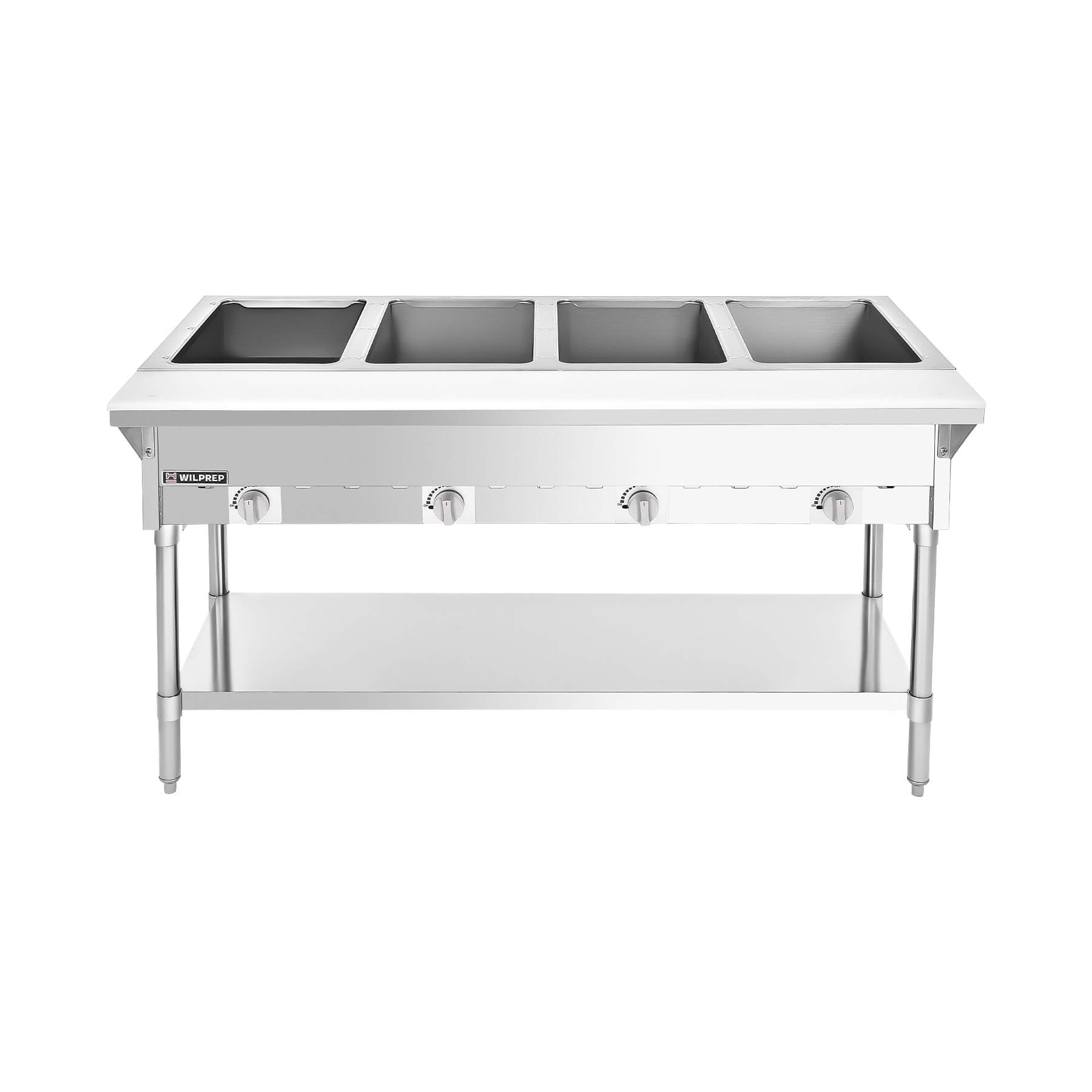 A silver-colored stainless steel gas steam table with four wells and storage shelf, constructed from stainless steel with a silver finish.