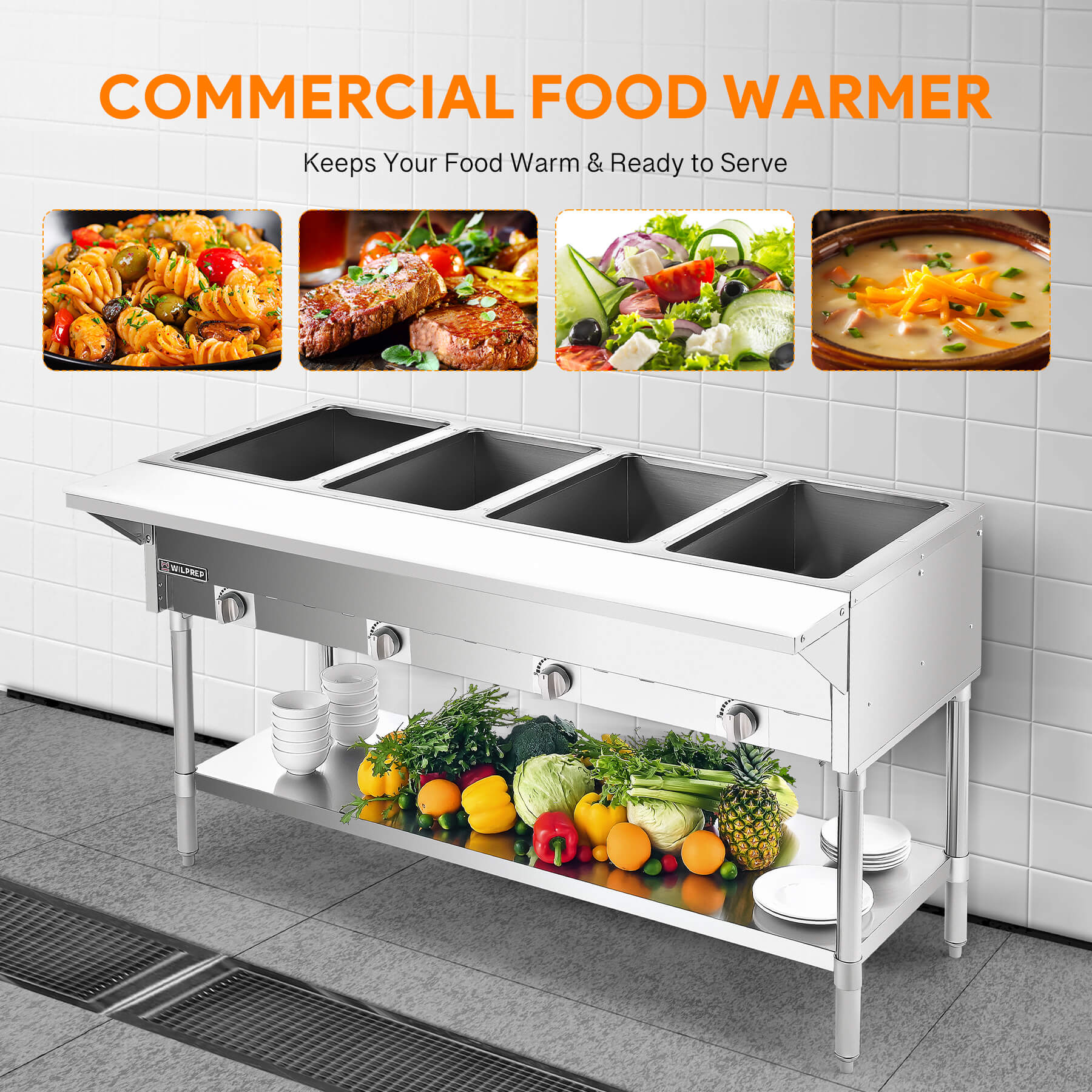 A silver-colored stainless steel gas steam table with four wells and storage shelf, constructed from stainless steel with a silver finish.