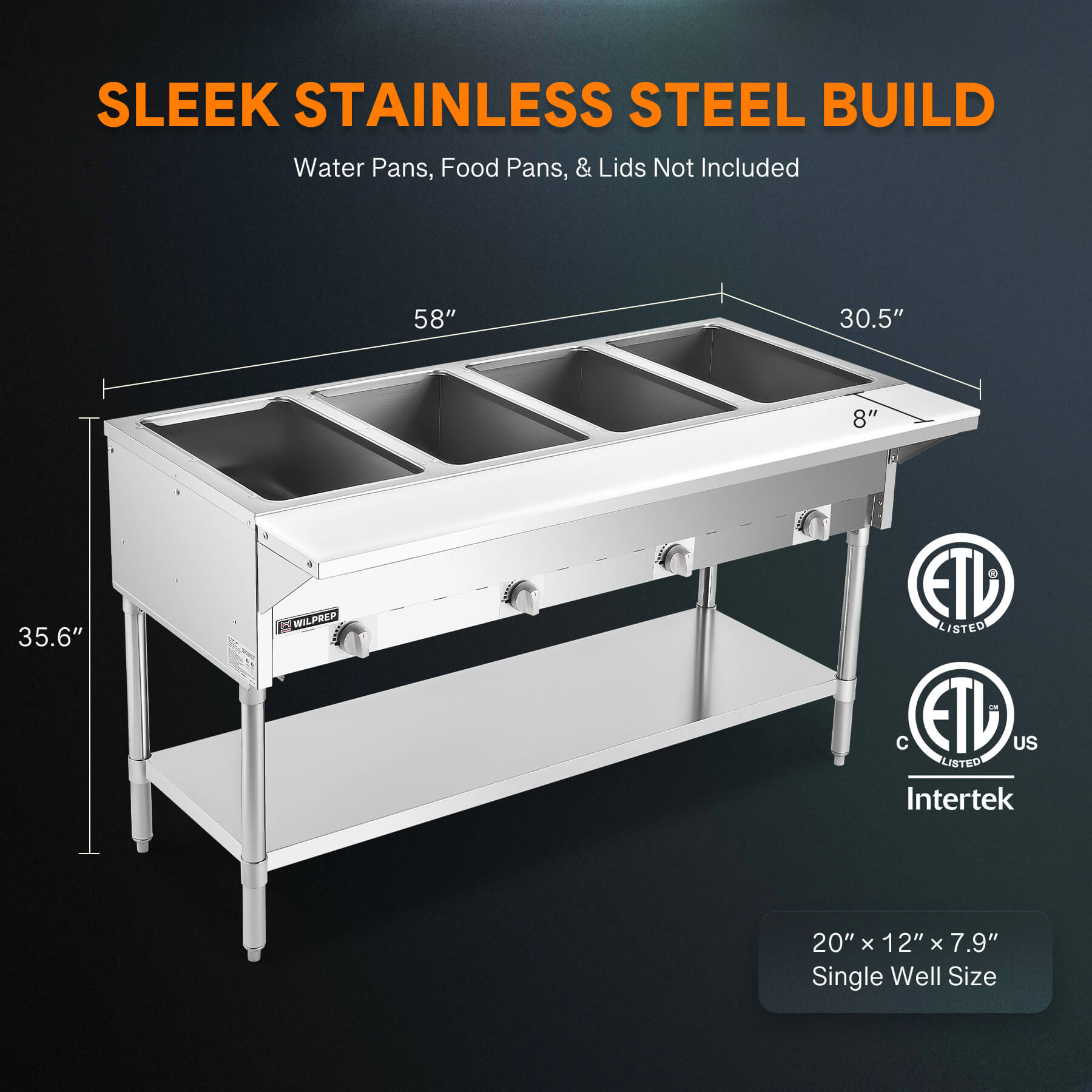 A silver-colored stainless steel gas steam table with four wells and storage shelf, constructed from stainless steel with a silver finish.