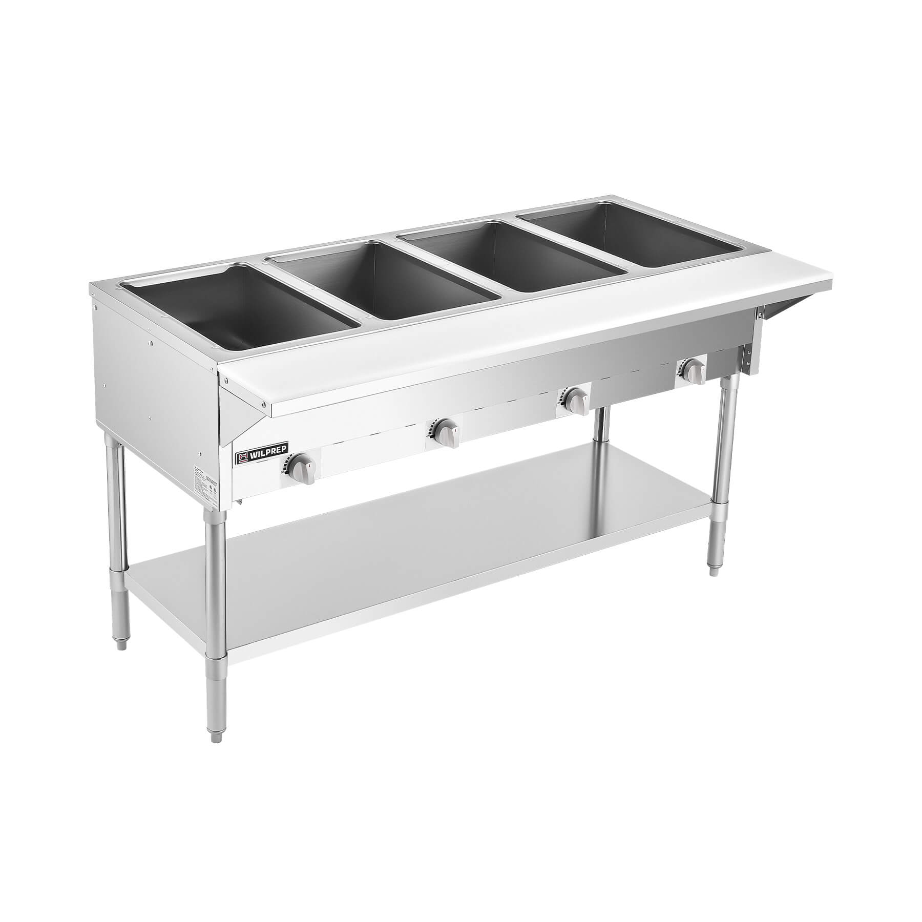 A silver-colored stainless steel gas steam table with four wells and storage shelf, constructed from stainless steel with a silver finish.