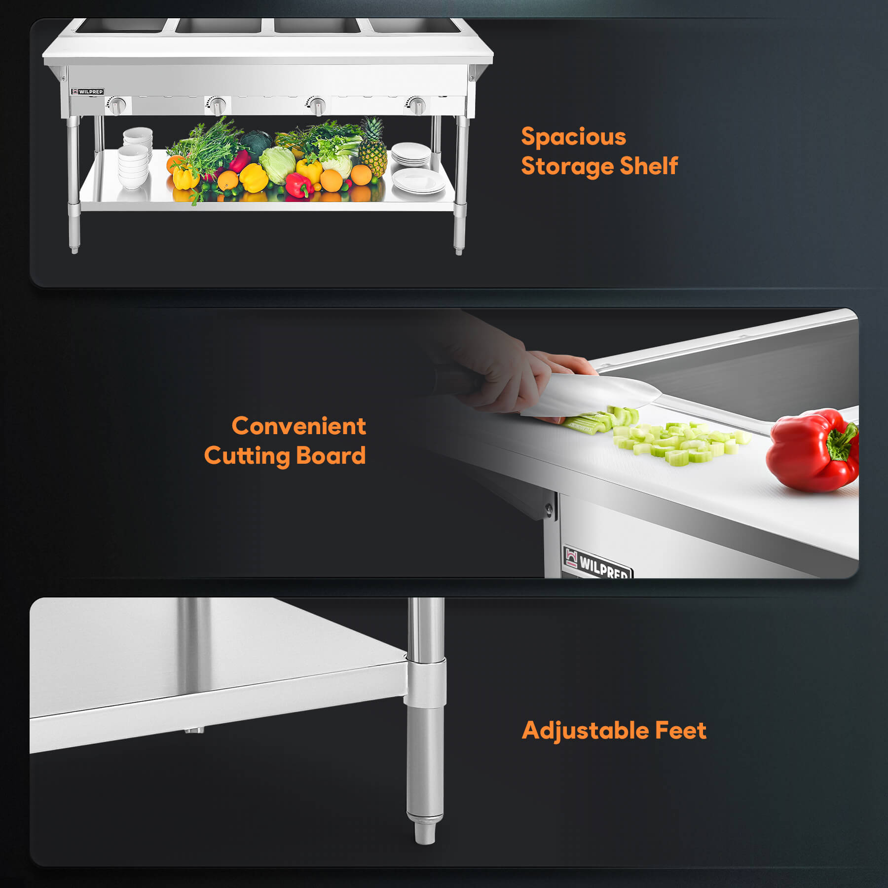 A silver-colored stainless steel gas steam table with four wells and storage shelf, constructed from stainless steel with a silver finish.