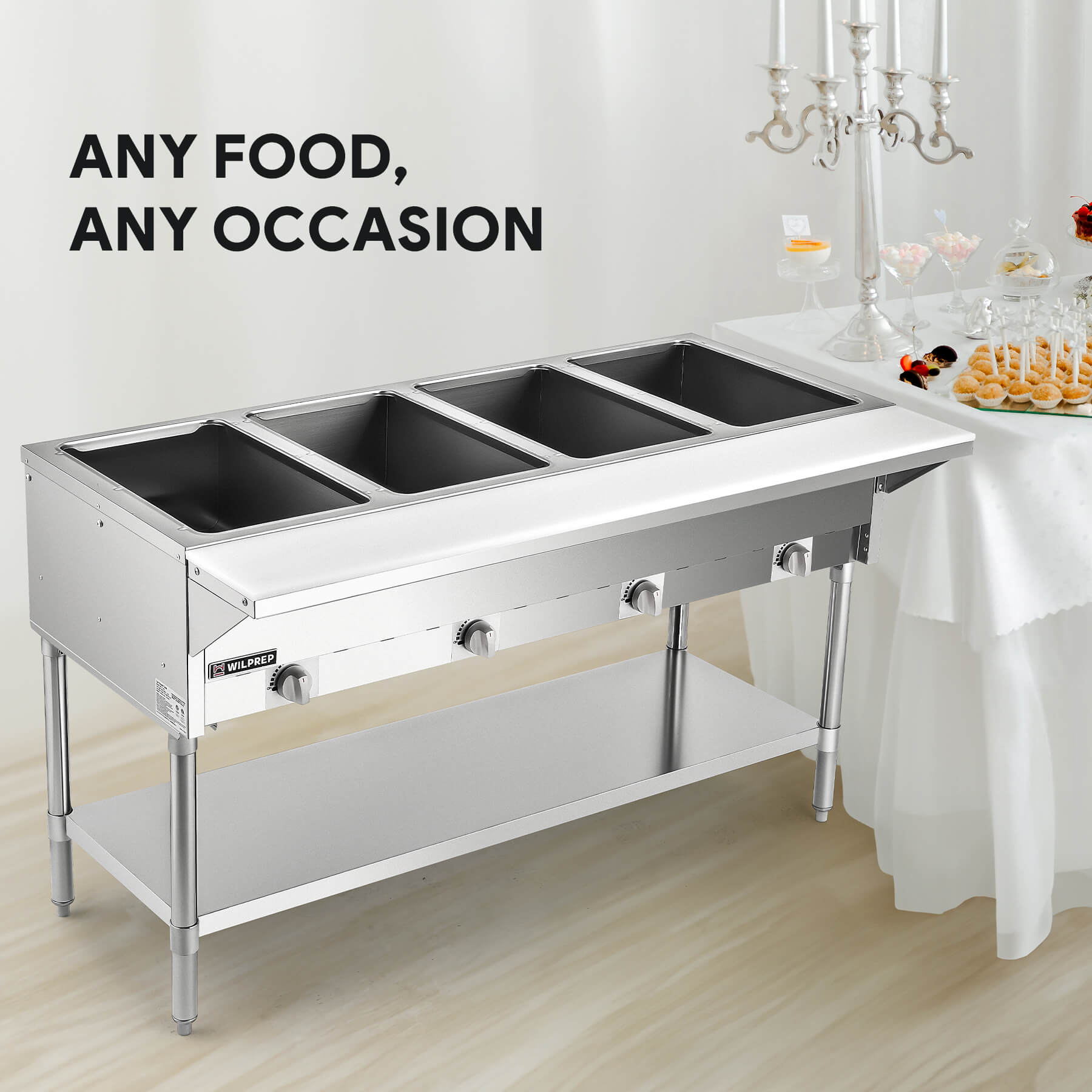 A silver-colored stainless steel gas steam table with four wells and storage shelf, constructed from stainless steel with a silver finish.