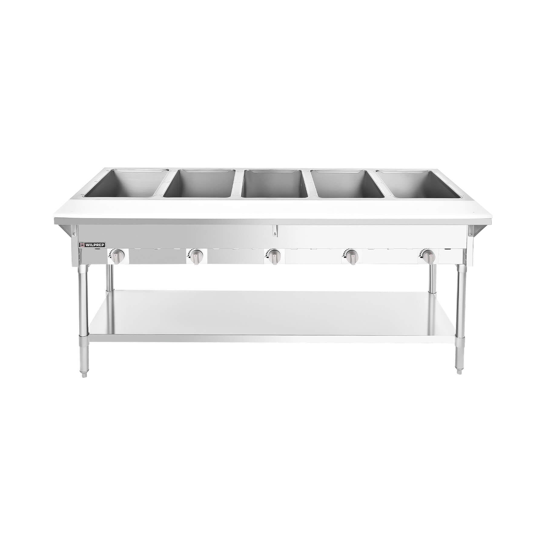 A stainless steel gas steam table with five wells and storage shelf beneath, designed for warming food.
