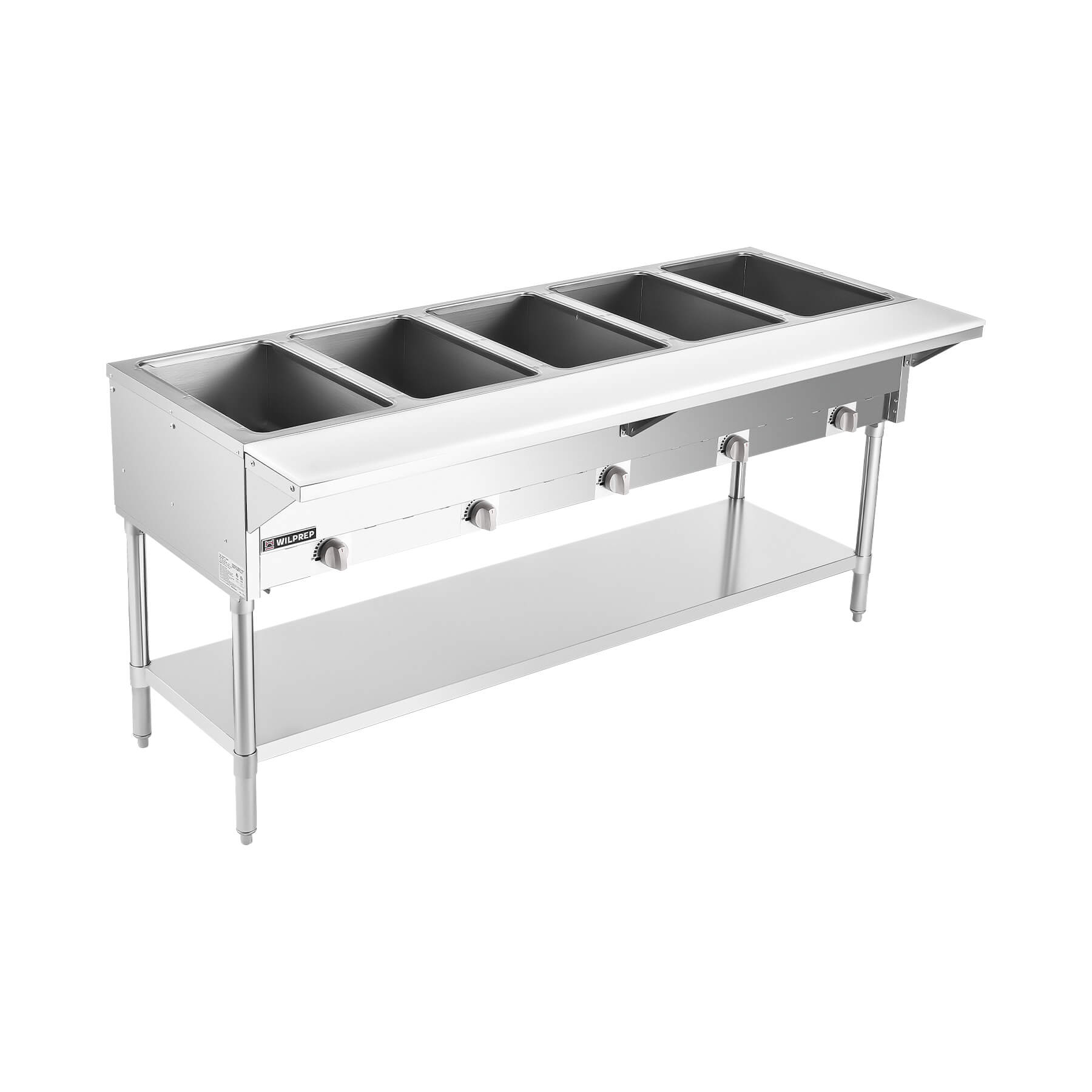 A stainless steel gas steam table with five wells and storage shelf beneath, designed for warming food.