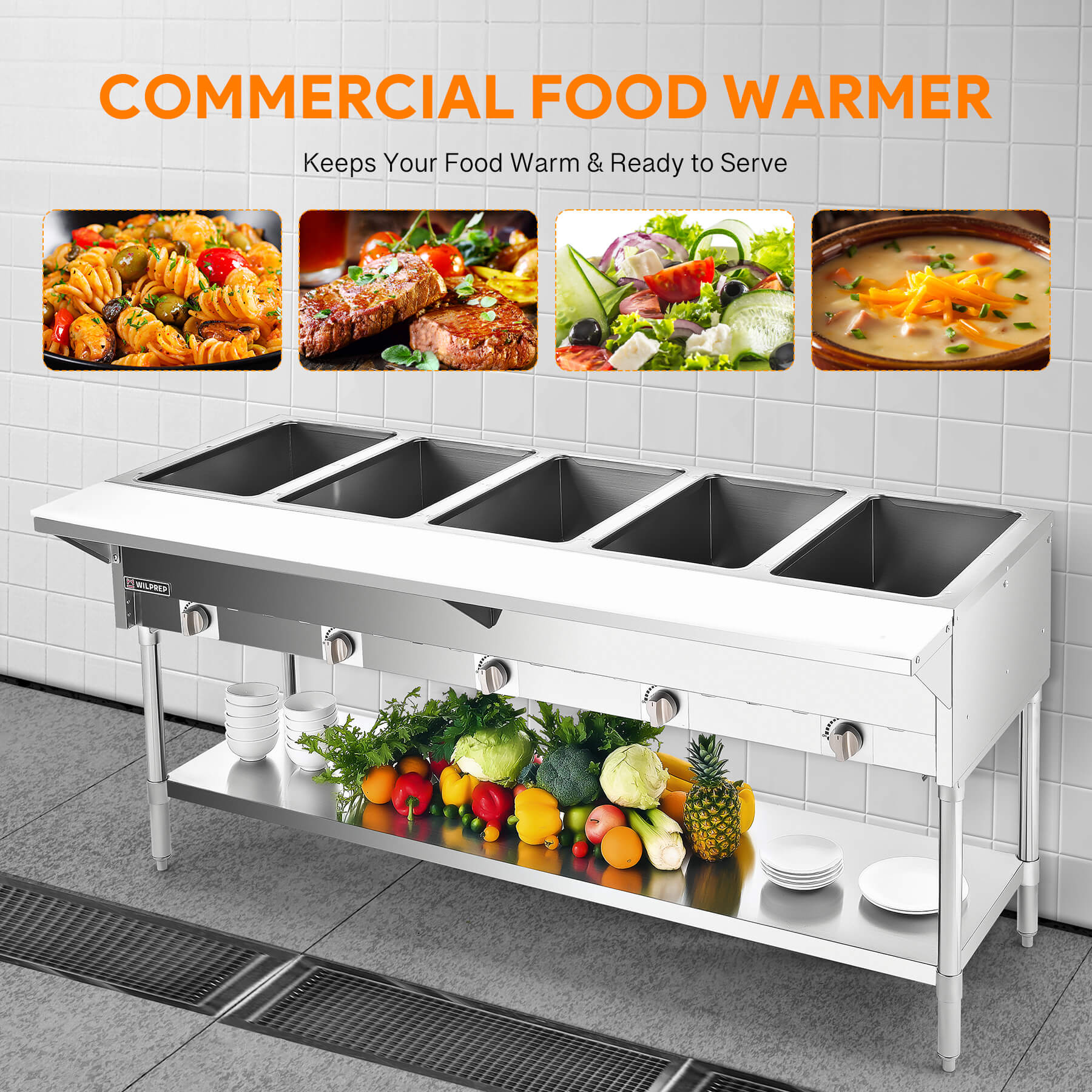 A stainless steel gas steam table with five wells and storage shelf beneath, designed for warming food.