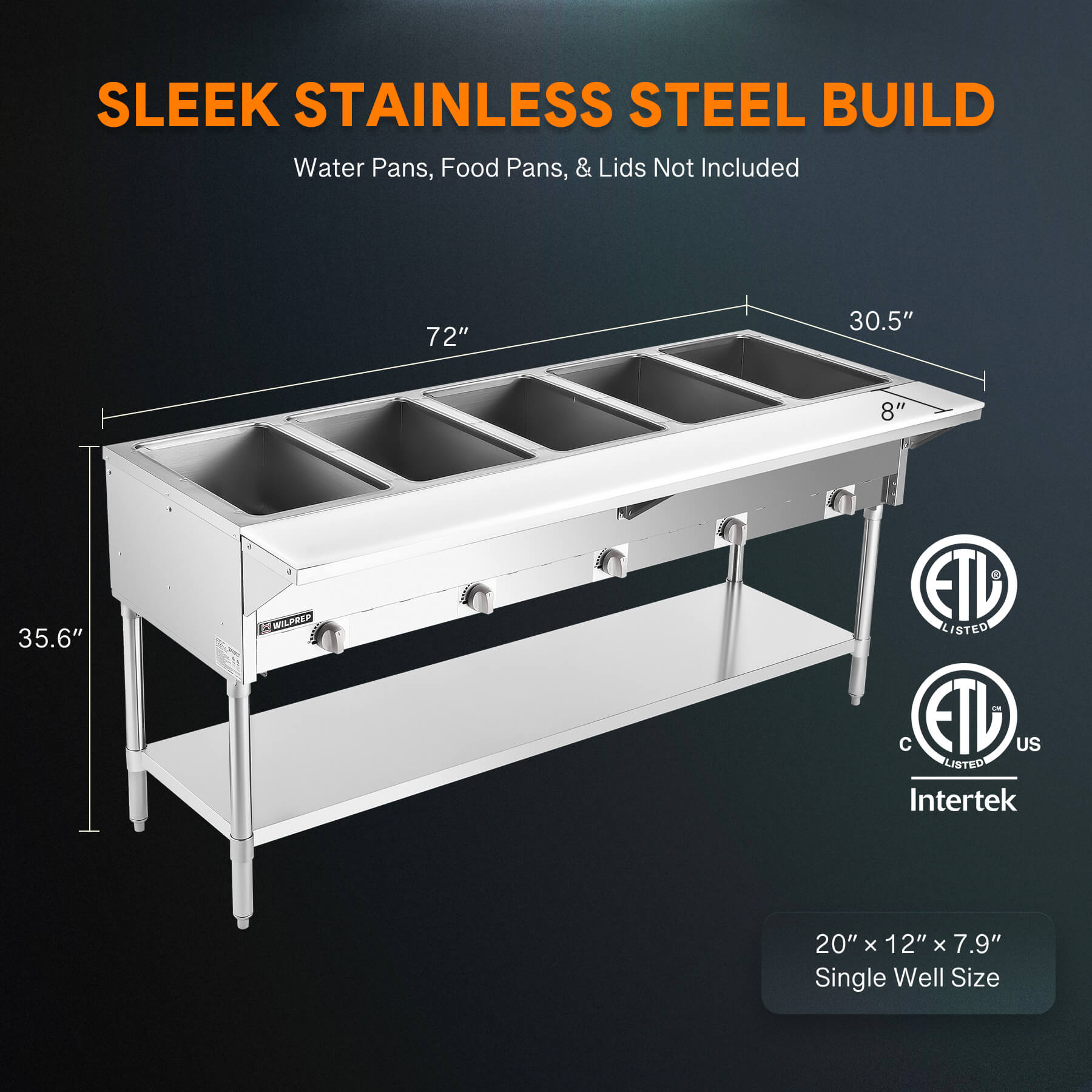 A stainless steel gas steam table with five wells and storage shelf beneath, designed for warming food.