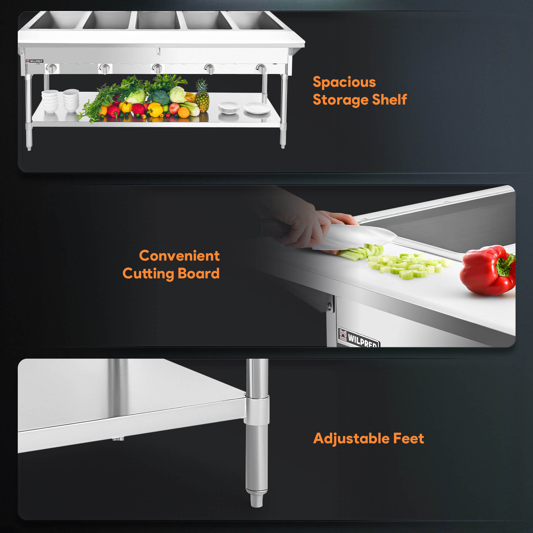A stainless steel gas steam table with five wells and storage shelf beneath, designed for warming food.