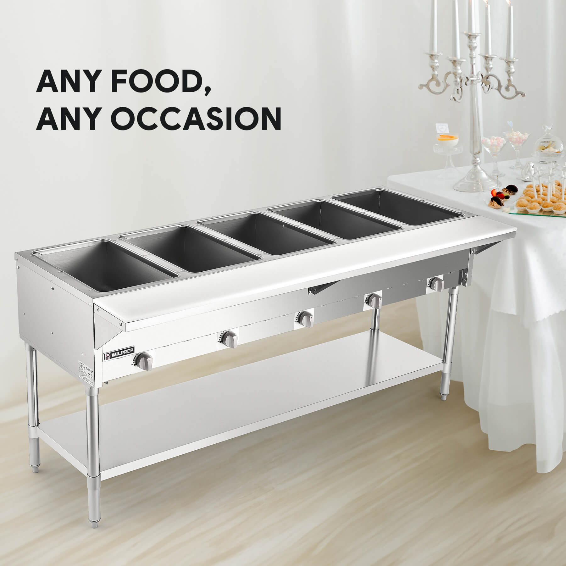 A stainless steel gas steam table with five wells and storage shelf beneath, designed for warming food.