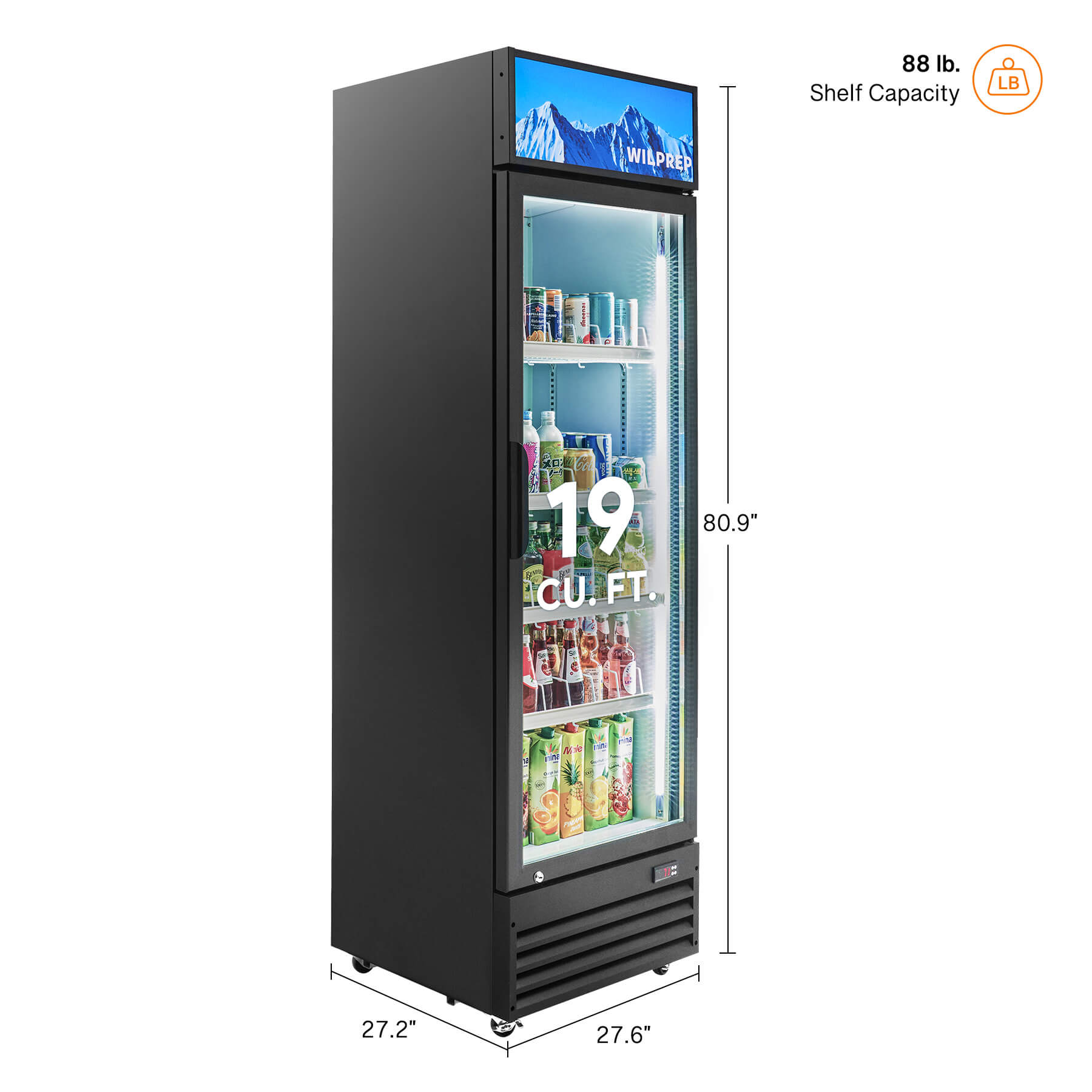 A commercial display refrigerator with swing glass doors and multiple shelves filled with various beverages.