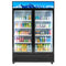 Two-door refrigerator stocked with various drinks on a white background
